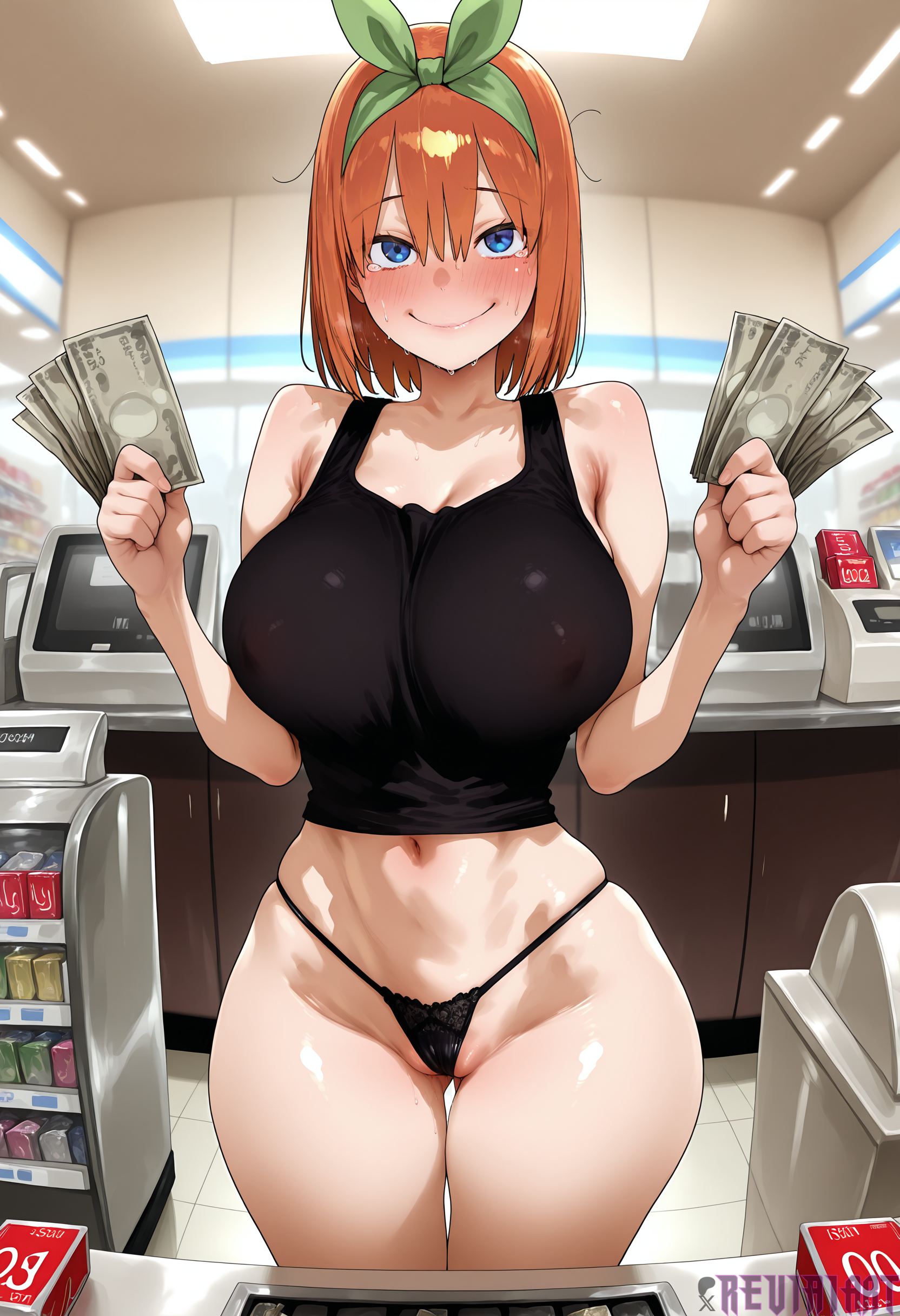 1girl, ai generated, alternate breast size, ass visible through thighs, banknote, bare arms, bare shoulders, black panties, black shirt, blue eyes, blush, breasts, cameltoe, closed mouth, collarbone, covered nipples, cowboy shot, crop top, curvy, go-toubun no hanayome, green hairband, green ribbon, hair between eyes, hair ribbon, hairband, hands up, highleg, highleg panties, holding, holding money, indoors, large breasts, looking at viewer, money, nakano yotsuba, navel, orange hair, panties, quintessential quintuplets, reviaiart, ribbon, short hair, smile, solo, standing, stomach, sweat, tank top, thigh gap, thighs, thong, underwear