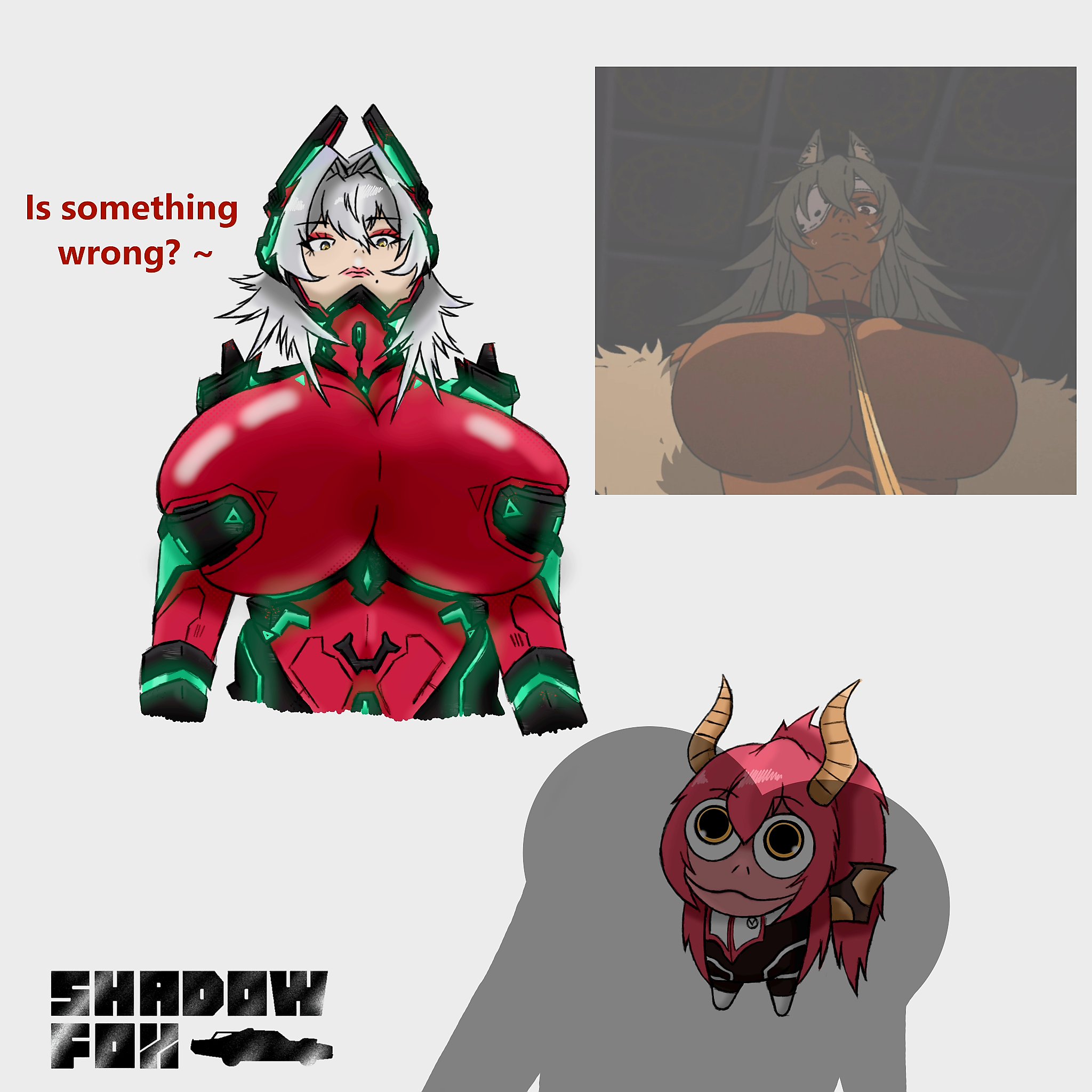 1girl, 1girls, armor, artist name, artist signature, augmentation, big boobs, big breasts, bigger female, black armor, black eyebrows, bodysuit, boobs, bottom view, breast awe, breast shadow, breasts, chibi, closed mouth, clothed, clothed female, curvy, cyborg, cyborg girl, dark skin, dark-skinned female, dragon, dragon horns, dragon wings, english, english text, eyebrows raised, eyeliner, eyepatch, fan mascot (vtuber), fan mascot focus (vtuber), feral, gecko (zentreya), ghislaine dedoldia, head gear, headgear, headwear, horns, image, jobless reincarnation, latex, latex clothing, light skin, light-skinned female, lines, lizard, long hair, looking at breasts, looking at viewer, looking down, looking up, looming, looming over, mascot, meme, mole, mouth closed, muscular female, mushoku tensei, oblivious, oblivious sexualization, outfit, pink lips, pov, raised eyebrows, red bodysuit, red eyeliner, red hair, red outfit, red skin, red suit, red text, reference image, shadow, shadowfox, short hair, simple background, size difference, skin tight suit, skintight, skintight bodysuit, skintight suit, smile, smiling, socks agency, standing, suit, talking, talking to viewer, tall female, tied hair, unknown gender, virtual youtuber, voluptuous, vtuber, white background, white hair, wings, wolf girl, yellow eyes, zentreya, zentreya (cyborg)