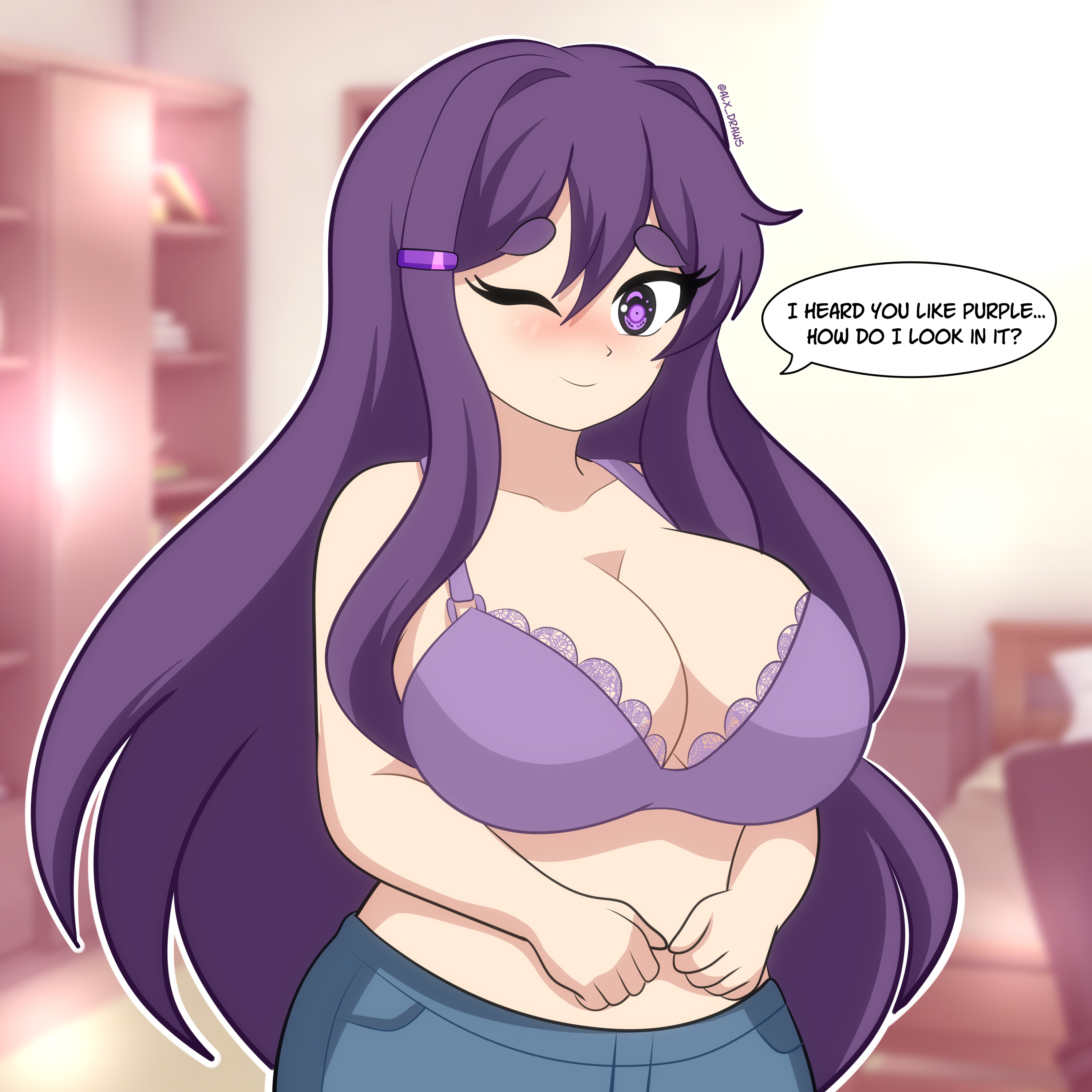 1female, 1girl, 1girls, 2026, alxdraws, anime, background, big breasts, blush, blushing, blushing at viewer, blushing female, bra, breasts, ddlc, doki doki literature club, female, female focus, female only, human, human only, jeans, light skin, light-skinned female, looking at viewer, open eyes, purple bra, purple eyes, purple hair, smiling, smiling at viewer, team salvato, video game, video game character, video games, yuri (doki doki literature club)