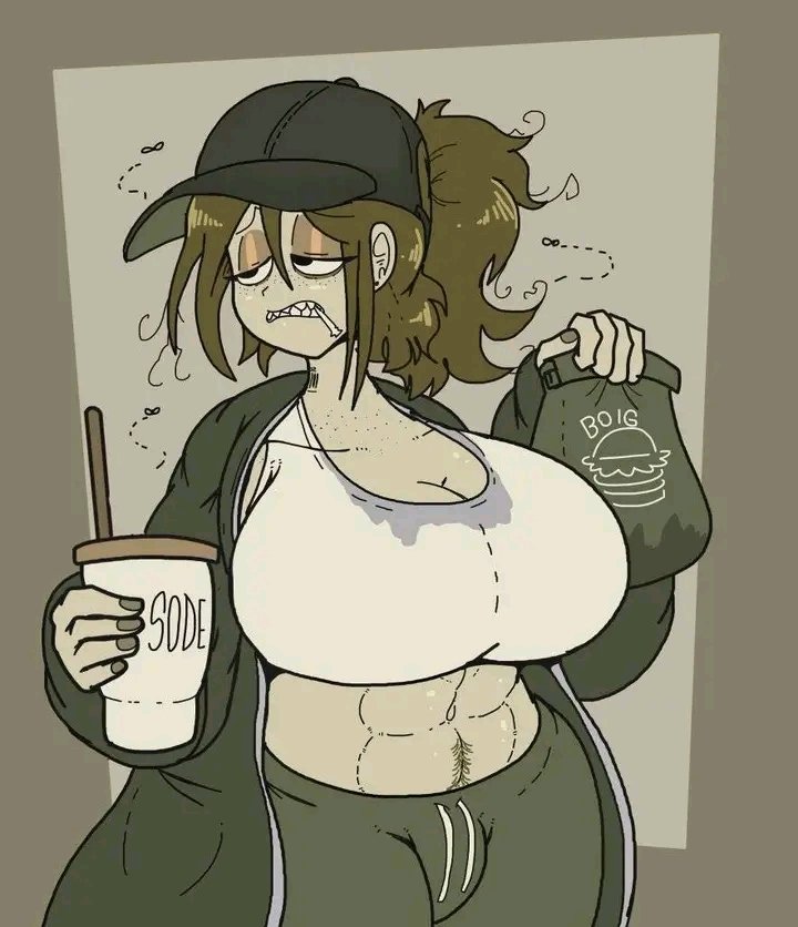 1girls abs annoyed artist_request black_eyes brown_background brown_hair cameltoe cap character_request drinking_straw food freckles futanari gigantic_breasts green_theme hat holding_soda huge_breasts jacket neet paper_bag ponytail poopishness pubic_hair sharp_teeth sweat