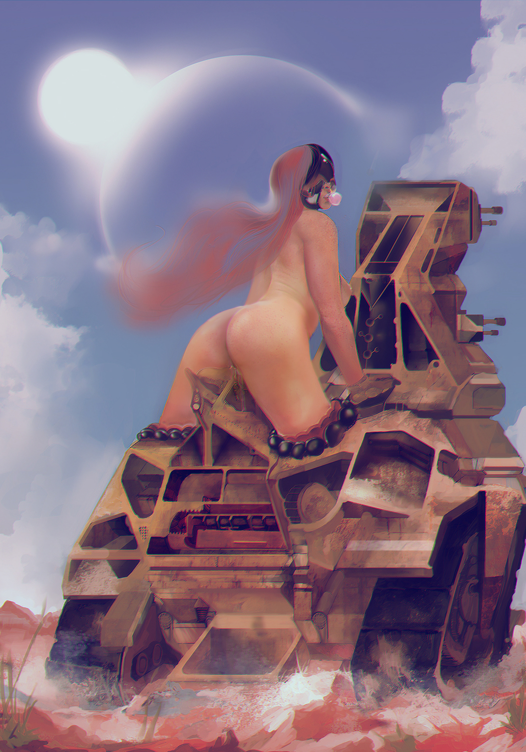 3d ass blue_sky breasts bubble bubble_gum cloud color female from_behind gloves hair highres leaning_forward lips long_hair looking_back mask military military_vehicle motor_vehicle nipples nude original planet pussy_juice realistic red_hair science_fiction sky solo straddling sun turret vehicle xatiav