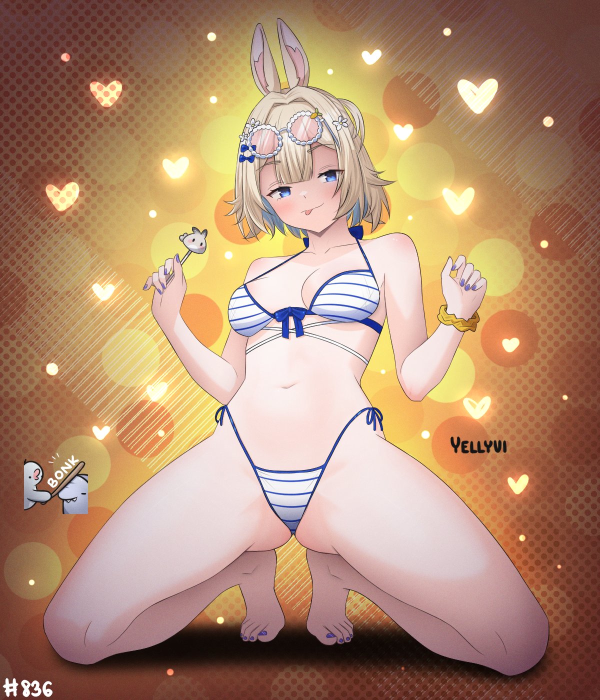 1girl animal_ears barefoot bikini blue_eyes breasts eyewear_on_head halftone halftone_background heart heart-shaped_eyewear indie_virtual_youtuber lollipop medium_breasts nail_polish navel polka_dot short_hair side-tie_bikini solo squatting striped striped_bikini sunglasses swimsuit toenail_polish tongue tongue_out virtual_youtuber vyugen yenko