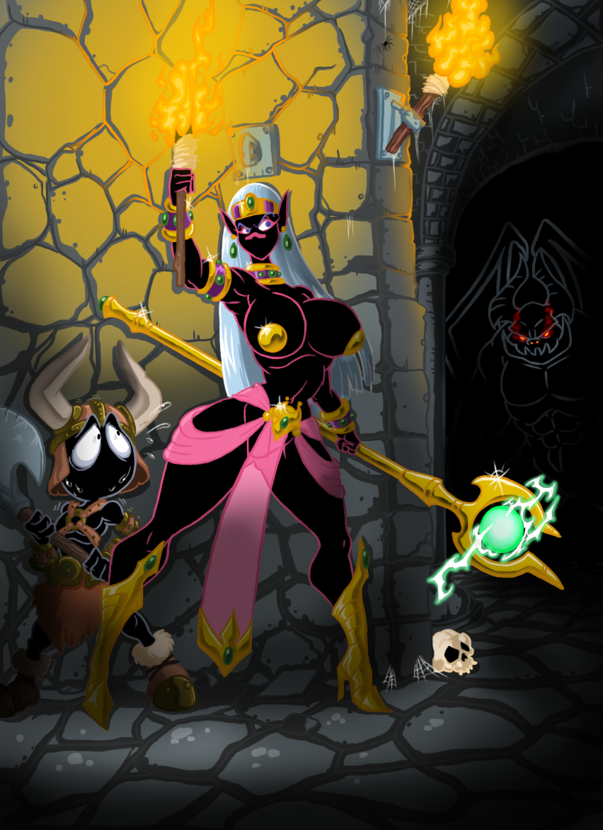 abs, alien, axe, barbarian, big breasts, black skin, breasts, curvy, duck dodgers, dungeon, earrings, elf, female, fur, gem, gold, headband, high heel boots, high heels, horns, huge breasts, imminent rape, lordstevie, magic, male, marvin the martian, monster, muscular, no mouth, perky breasts, pointy ears, queen tyr'ahnee, red eyes, scared, smile, smirk, smooth skin, sparkling, staff, sweat, torch, translucent, unconvincing armor, wings