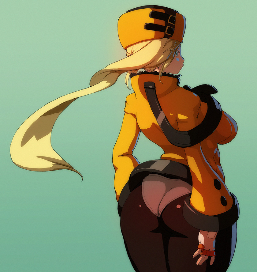 1girls, ass, back, blonde hair, blue eyes, breasts, clothed, female, fumetsunotora, gloves, green background, guilty gear, guilty gear xrd, hat, huge breasts, jacket, jacqli, jacqli (jacqliart), large ass, long hair, looking at viewer, looking back, millia rage, panties, pantyhose, solo, standing, thick thighs