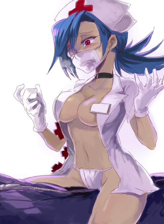 blue_hair body_bag breasts choker eye_patch female fundoshi gloves hat large_breasts mask_on_crotch mask_panties navel nurse nurse_cap open_clothes ponytail red_eyes skullgirls surgical_mask symbol-shaped_pupils tied_hair valentine_(skullgirls) white_background white_gloves yuriyuri_(ccc)