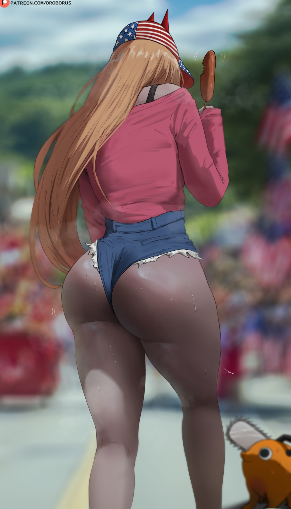 1girl, american flag, american flag print, ass, baseball cap, blonde hair, blurry, blurry background, chainsaw man, corn dog, flag print, from behind, hat, highres, horns, huge ass, long hair, long sleeves, micro shorts, oroborusart, outdoors, pink shirt, pochita (chainsaw man), power (chainsaw man), savagexthicc, shirt, shorts, standing, sweat, thighs