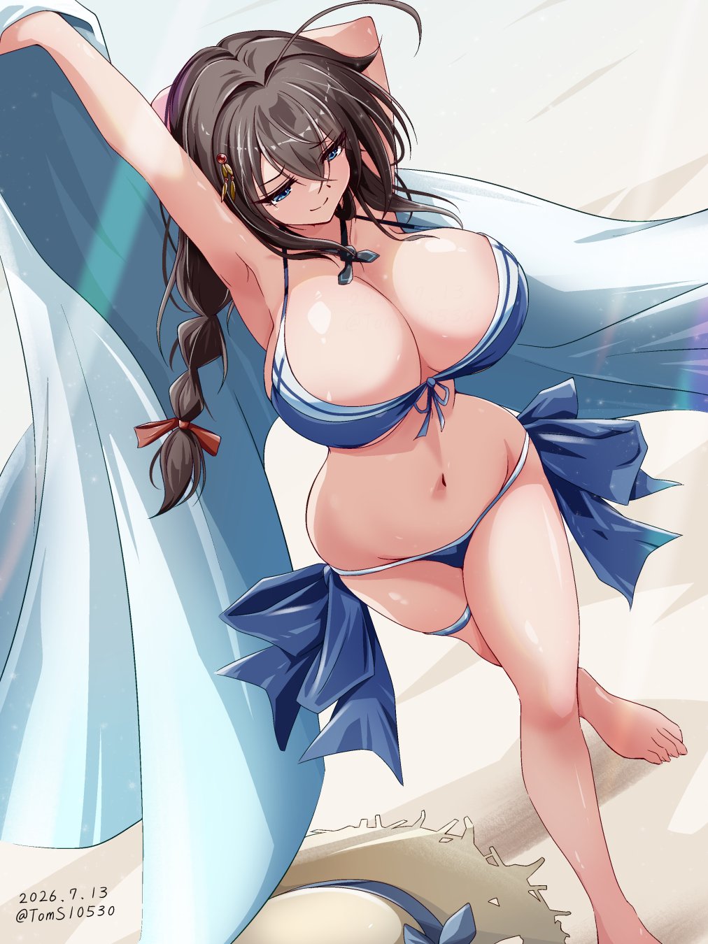barefoot beach blush curvy dated dutch_angle full_body high-angle_view huge_breasts kantai_collection round_breasts shigure_(kantai_collection) smile sunlight_rays thick_thighs voluptuous wide_hips