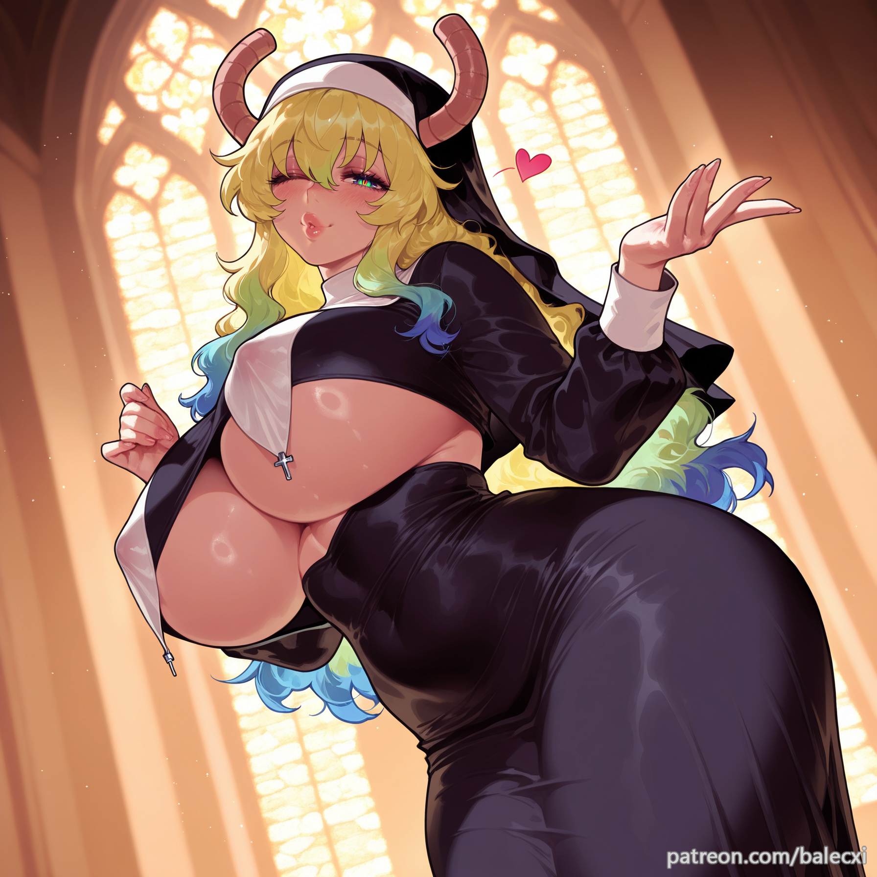 1girl, ai generated, balecxi, blonde hair, church, covered nipples, curvy, dragon girl, dragon horns, green hair, habit, heart, horns through headwear, huge breasts, kobayashi-san chi no maidragon, lips, long hair, looking at viewer, lucoa, lucoa (maidragon), miss kobayashi's dragon maid, multicolored hair, nun, one eye closed, patreon username, quetzalcoatl (dragon maid), solo, underboob
