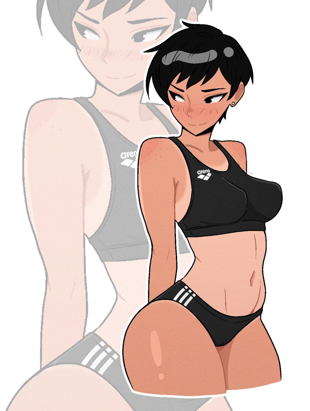 1girls black_eyes black_hair blush celebelian curvy earrings embarrassed female female_focus female_only nagi_(celebelian) short_hair slim_waist sports_bra sportswear tan_body tan_skin tanline tanned tanned_female tanned_skin thick_thighs thighs tomboy white_background
