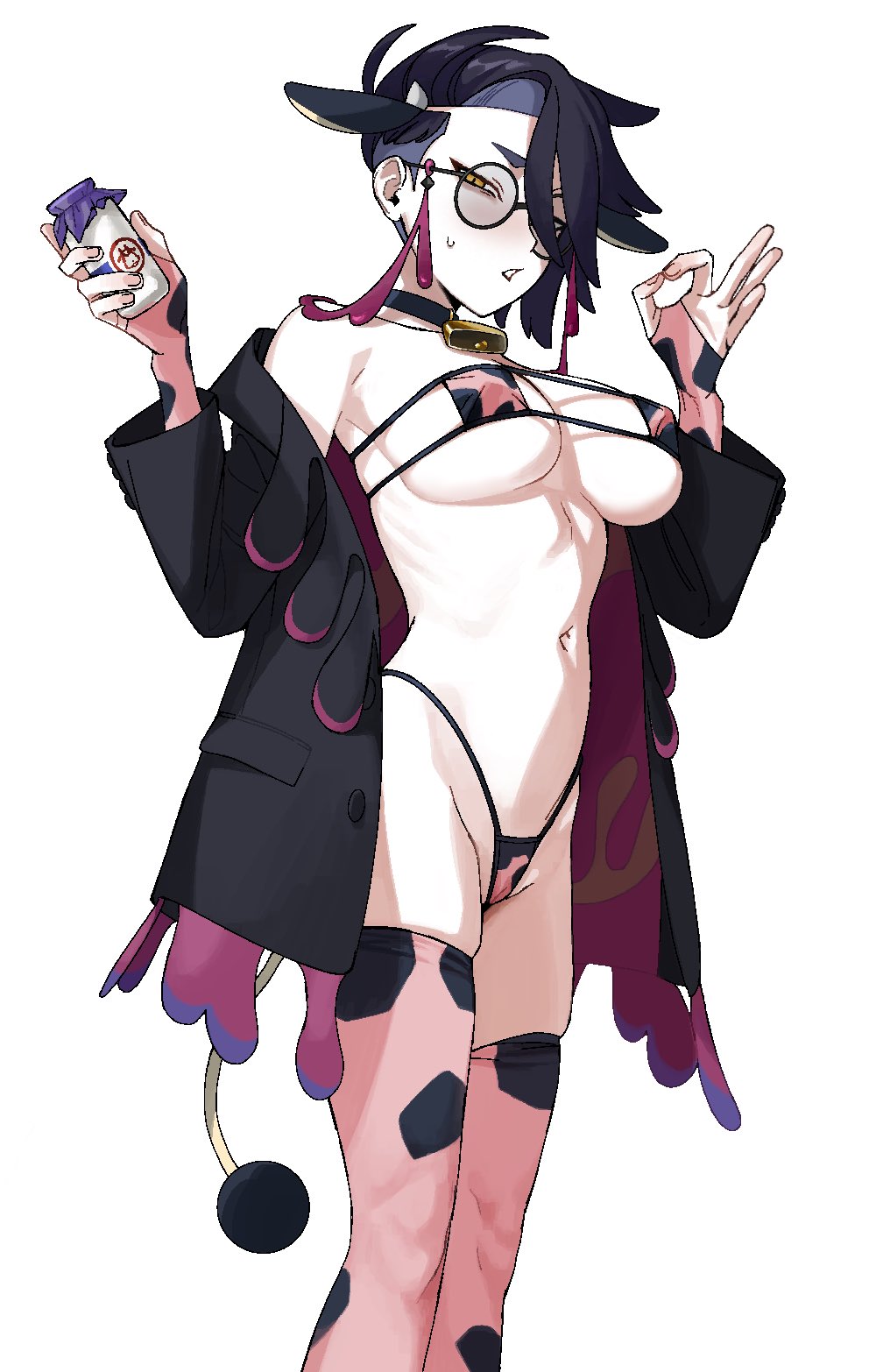 black_hair blowjob_gesture corbeau_(pokemon) cow_print_bikini cowprint game_freak genderswap genderswap_(mtf) glasses karasuba_(pokemon) kawati kawatiw milk nintendo nintendo_switch pokemon pokemon_legends:_z-a rule_63 suggestive suggestive_gesture