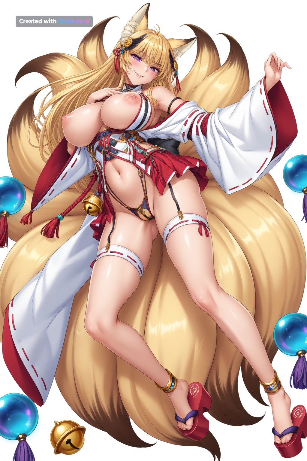 1girl ai_assisted ai_generated animal_ears anime_coloring anklet bangs bare_shoulders bells blonde_hair center_opening cleavage cleft_of_venus clothing_cutout detached_sleeves detailed_vagina dynamic_angle dynamic_pose erect_nipples facing_viewer female_focus fox_ears fox_girl fox_tail full_body garter_straps geta geta_sandals glossy_lips hair_ornaments hand_on_chest high_quality huge_breasts japanese_clothes kitsune kyuubi legs_spread long_hair looking_at_viewer micro_skirt miko mole_under_eye multiple_tails navel nude platform_footwear purple_eyes ribbon_trim shading shadows shaved_vagina shimenawa small_breasts smile solo solo_female source_anime spreading_legs standing taimanin_rpgx thick_nipples thighhighs tiny_breasts white_background wide_sleeves