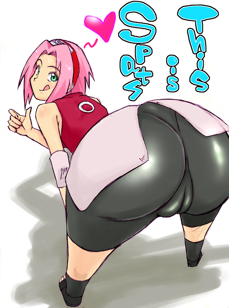 ass, bike shorts, female, female only, human, naruto, naruto (series), pink hair, sakura haruno, solo