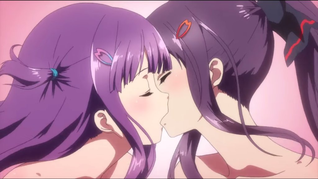 2girls bare_shoulders black_hair closed_eyes collarbone female female_only hair_ornament human human_only incest kagurazaka_ranka kagurazaka_rinka kissing long_hair multiple_girls mutual_yuri neck nude one_side_up ponytail purple_hair screencap shiny shiny_hair siblings sisters upper_body valkyrie_drive valkyrie_drive_-bhikkhuni- yuri