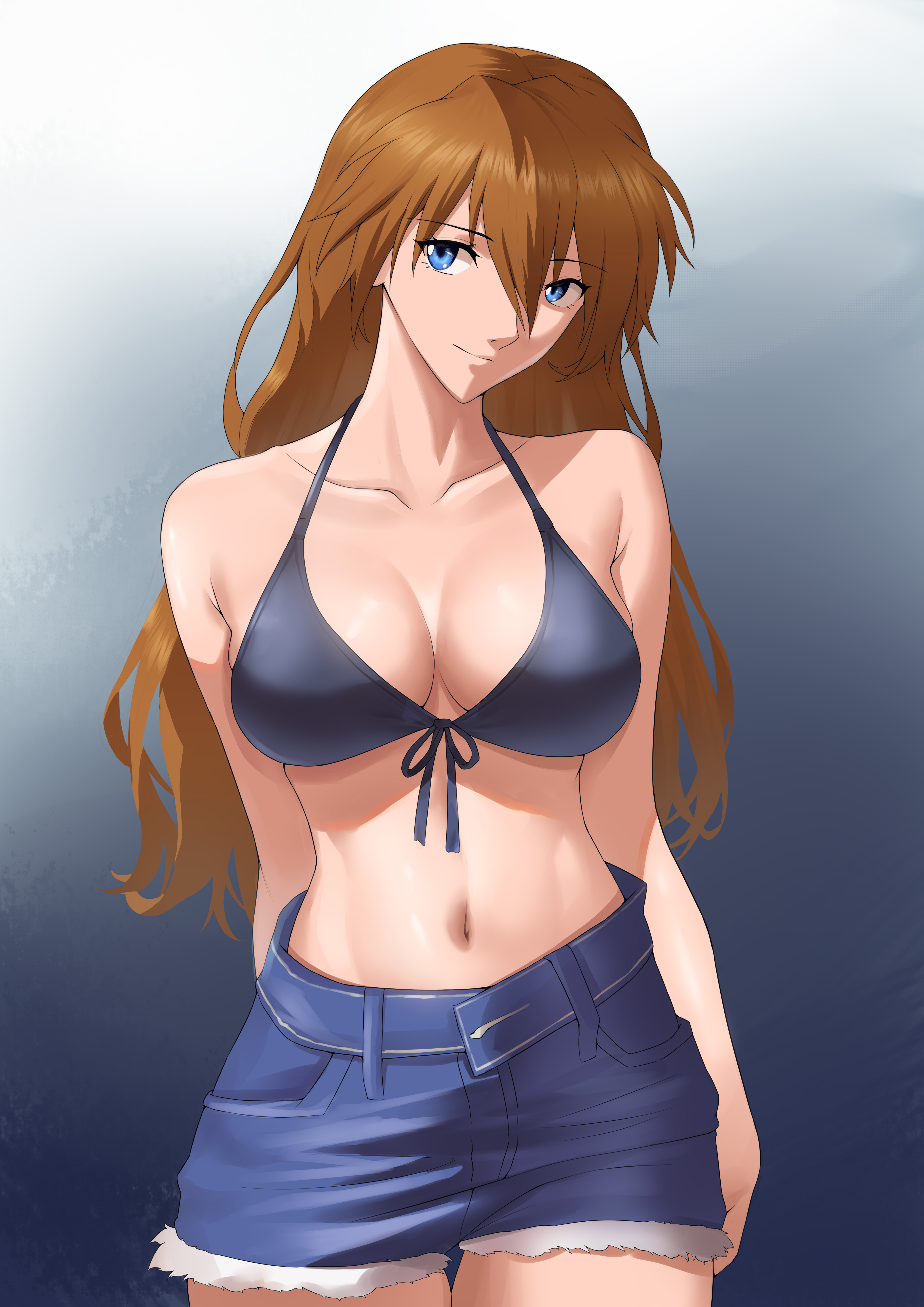 asuka langley sohryu, big breasts, bikini, bikini top, black bikini, blue eyes, freed turing, hair, half-dressed, long hair, looking at viewer, orange hair, pose, shorts, smile, tagme