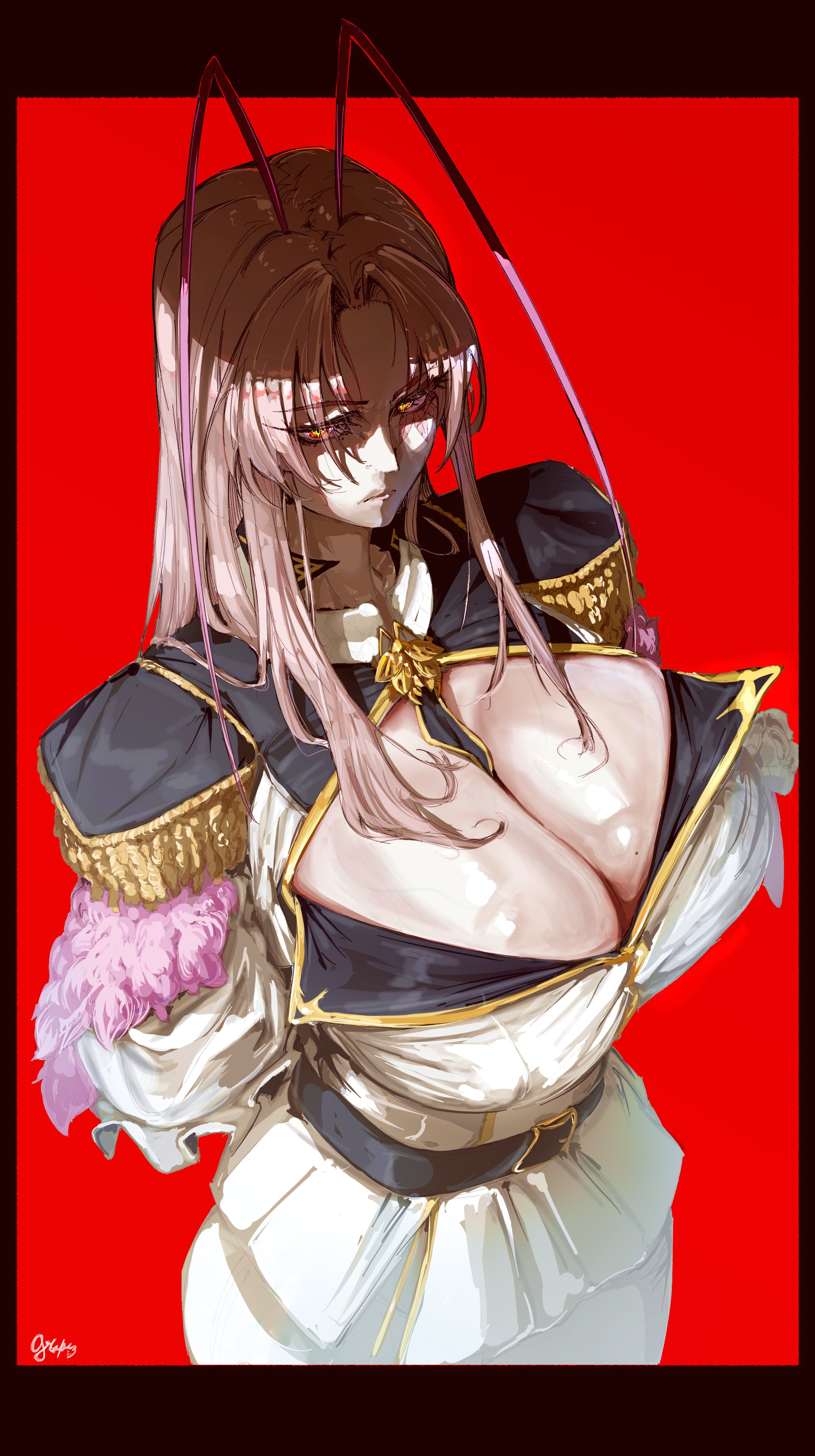 1girl, 1girls, antennae, antennae (anatomy), artist name, artist signature, aura farming, belt, big boobs, big breasts, big thighs, black background, boobs, breasts, brooch, bug, bug girl, closed mouth, clothed, clothed female, cockroach girl, collar, covered breasts, curvy, frown, frowning, furrowed brow, furrowed eyebrows, general, goes hard, gold (metal), gold jewelry, hands behind back, indie virtual youtuber, indie vtuber, insect girl, long hair, looking at viewer, marking, marking below eyes, markings, matara kan, mature female, milf, military, military uniform, mole, mole on breast, mouth closed, outfit, pov, purple eyebrows, purple hair, purple skin, red background, red eyes, regal, royal, royalty, serious, shirt, shoulder pads, simple background, skirt, solo focus, standing, symbol-shaped pupils, thighs, tie, virtual youtuber, vitispi3, voluptuous, vtuber, white outfit, white shirt, white skirt