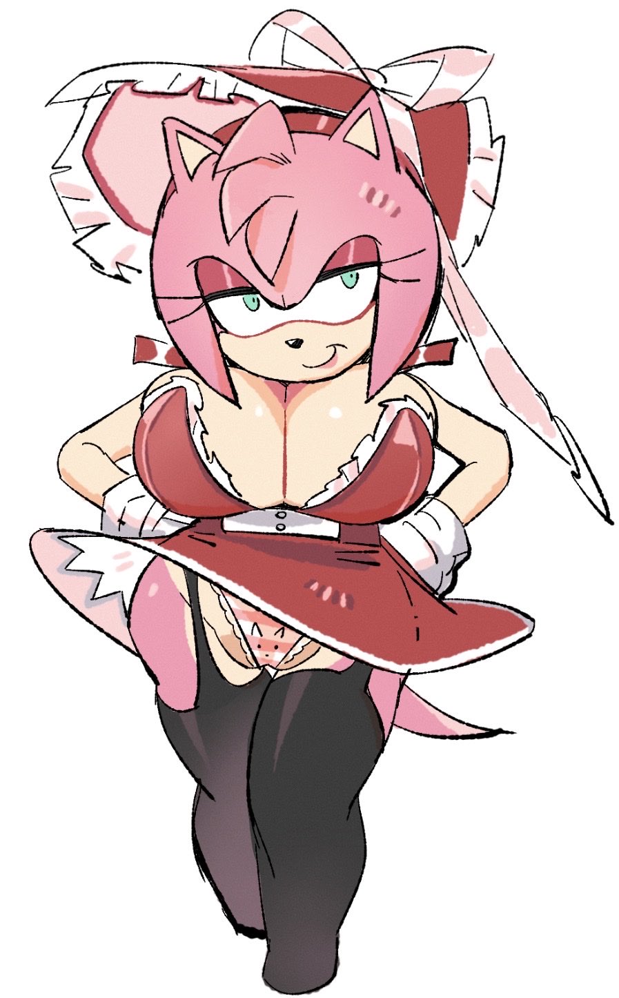amy rose, big breasts, breasts, breasts bigger than head, cnggu13, dress, garter straps, green eyes, hand on hip, hat, huge breasts, lace-trimmed panties, panties, pink fur, pussy lips, shortstack, sonic (series), sonic the hedgehog (series), striped panties, thighhighs, upskirt, white background