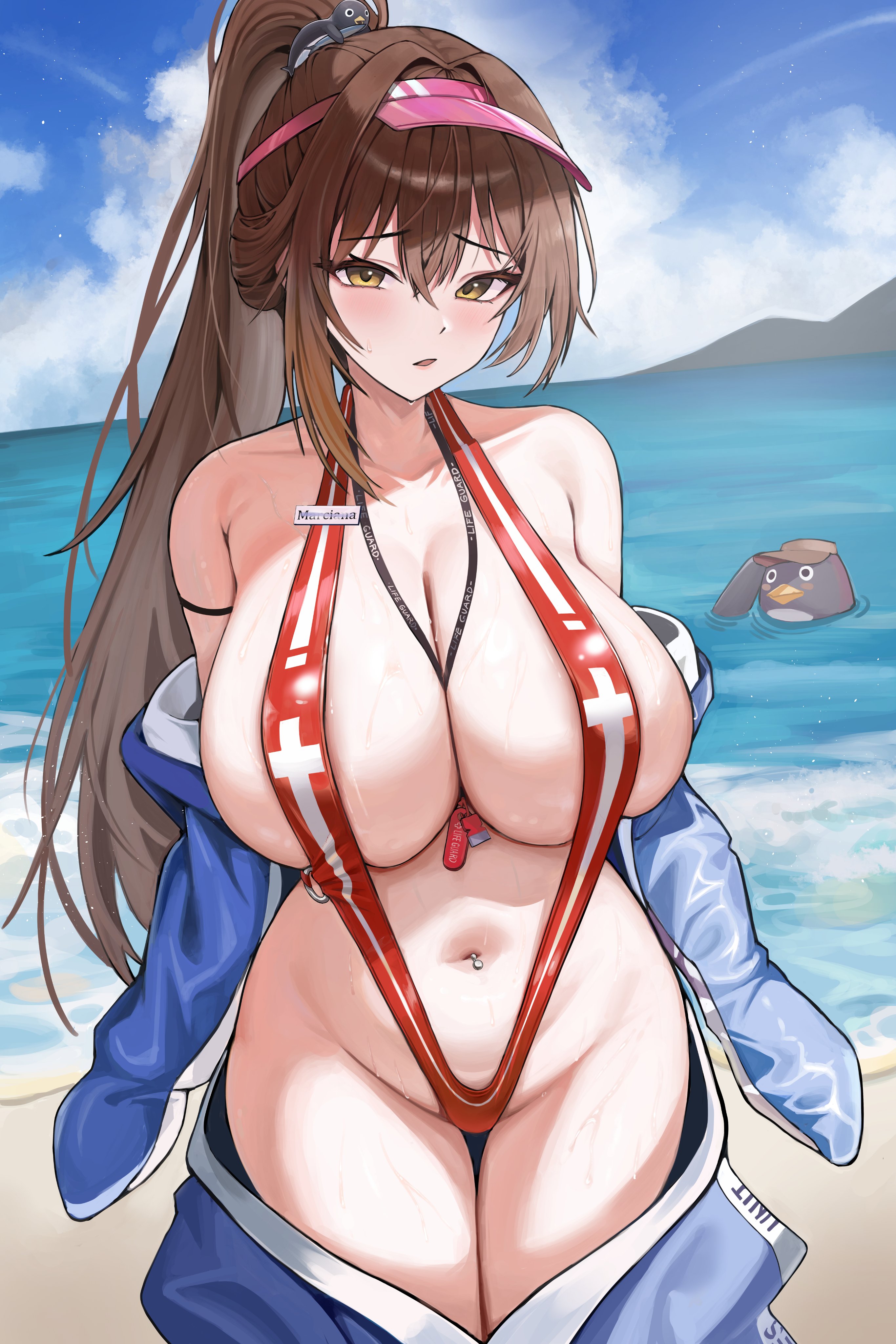 1girls, artist request, beach, belly, belly button piercing, big breasts, bikini, blush, breasts, brown hair, cloud, female, female only, goddess of victory: nikke, hat, hi res, hips, lips, long hair, looking at viewer, marciana (marine study) (nikke), marciana (nikke), mountain, name tag, navel, navel piercing, ocean, onesie, pale skin, pale-skinned female, penguin, ponytail, sand, sky, sling bikini, slingshot swimsuit, tagme, thick thighs, tight clothing, wet, wet body, whistle
