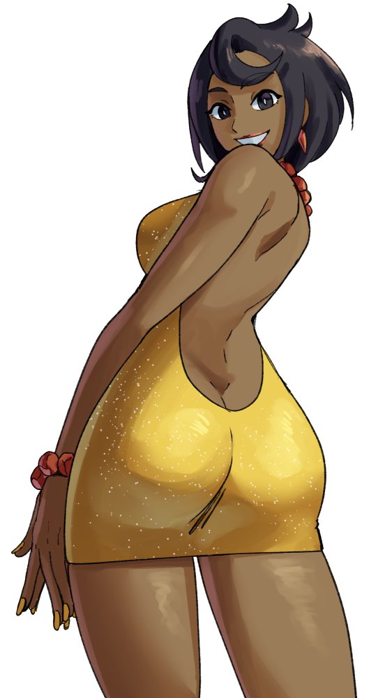 1girls ass ass_focus black_eyes black_hair bracelet dark-skinned_female dark_skin dress female female_focus female_only lipstick looking_at_viewer looking_back nail_polish olivia_(pokemon) pokemon pokemon_sm tagme wanderjegson white_background yellow_nails