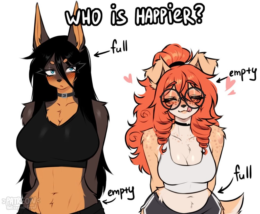 2girls abs animal_ears artist_name black_hair blue_eyes blush choker cleavage closed_eyes collar collarbone dobermann dog_ears dog_girl english_text female freckles fur ginger_hair glasses heart hearts helicopterfood highres licking_lips looking_at_viewer navel patreon patreon_reward red_hair simple_background white_background