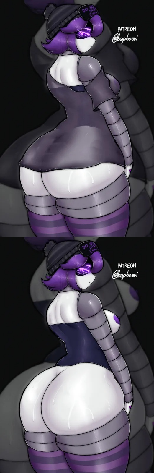 1girls, ass, ass focus, baphoavi, big ass, big thighs, boobs, breasts, butt, female, female only, gigantic ass, gigantic thighs, grey background, huge ass, huge thighs, milf, mommy, murder drones, purple eyes, purple hair, robot girl, thick thighs, thighs, uzi (murder drones)