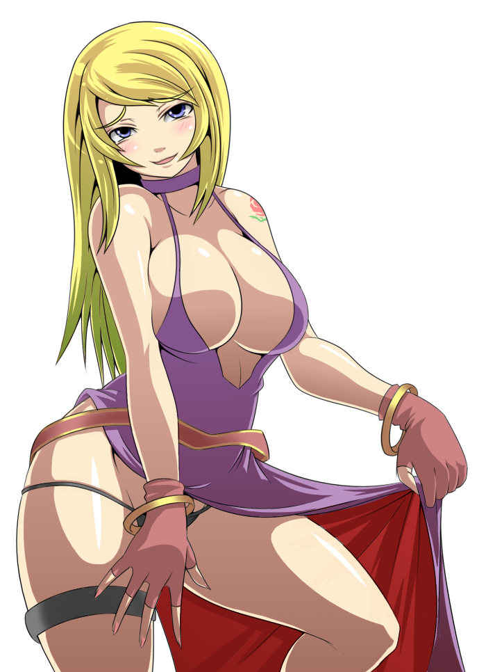 1girls big_breasts blonde_hair blue_eyes bonne_jenet breasts busty cleavage dress fatal_fury female female_only fingerless_gloves garou:_mark_of_the_wolves king_of_fighters large_breasts legs looking_at_viewer smile snk solo thighs thong voluptuous