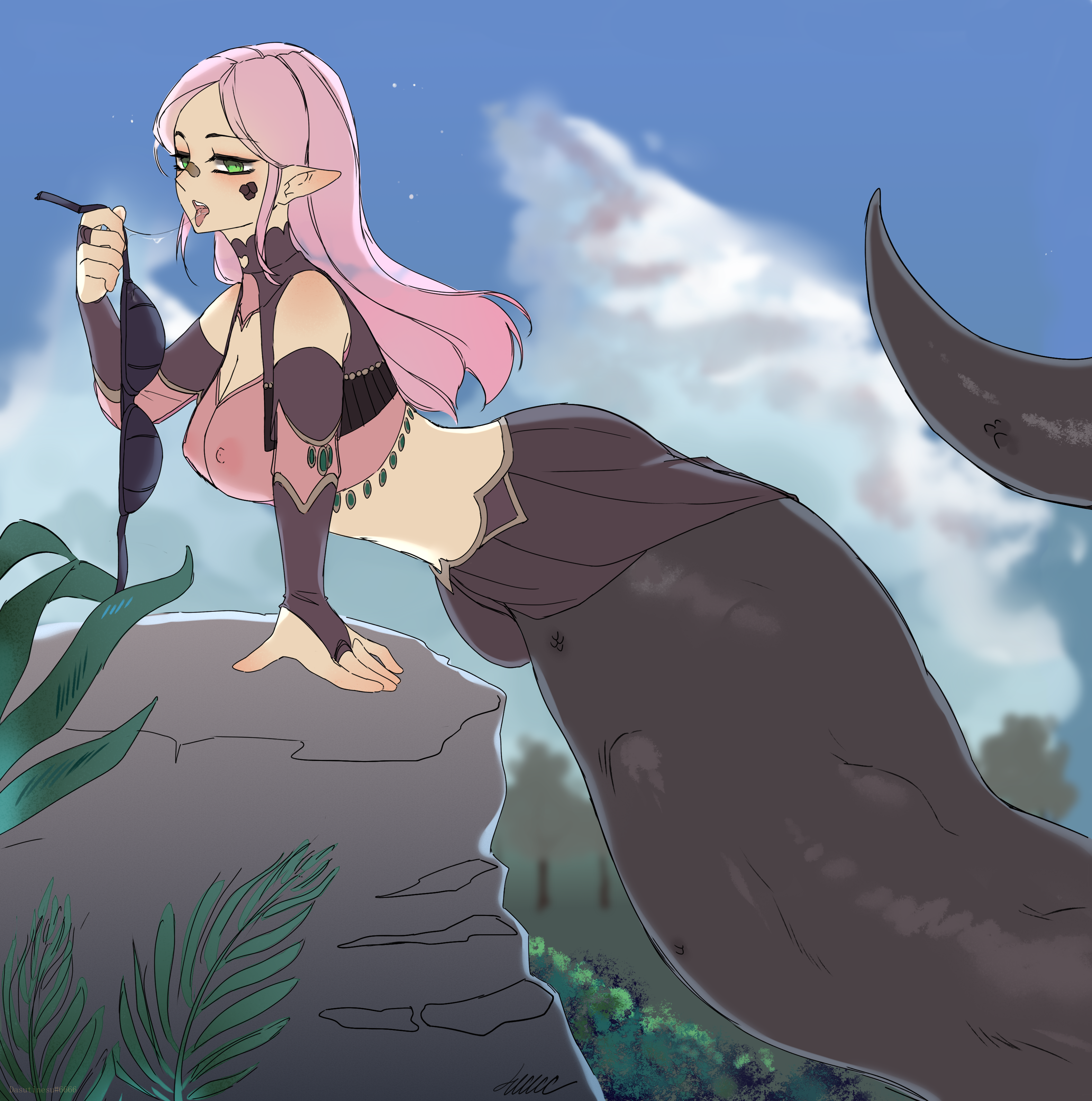 1girl, 4kkc, big breasts, bra, bra removed, breasts, bridal gauntlets, cat girl, collarbone, female, green eyes, lamia, large breasts, long hair, naga, navel, nipples, outdoors, pink hair, pointy ears, safe vore, saliva, same size vore, snake girl, tagme, tongue, topless, unknown prey, vore