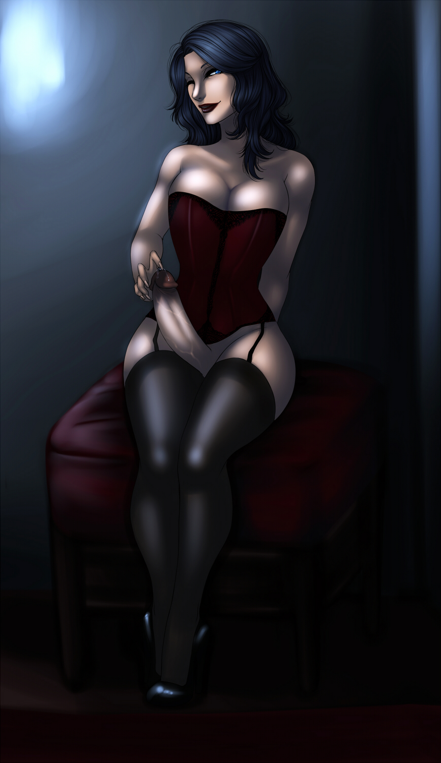 1futa, ass, big ass, big breasts, big thighs, black hair, breasts, corset, futa only, futanari, hair, intersex, light skin, looking at viewer, shoes, sitting, solo, stockings, suumunster, tease, tights, waiting, wink, winking
