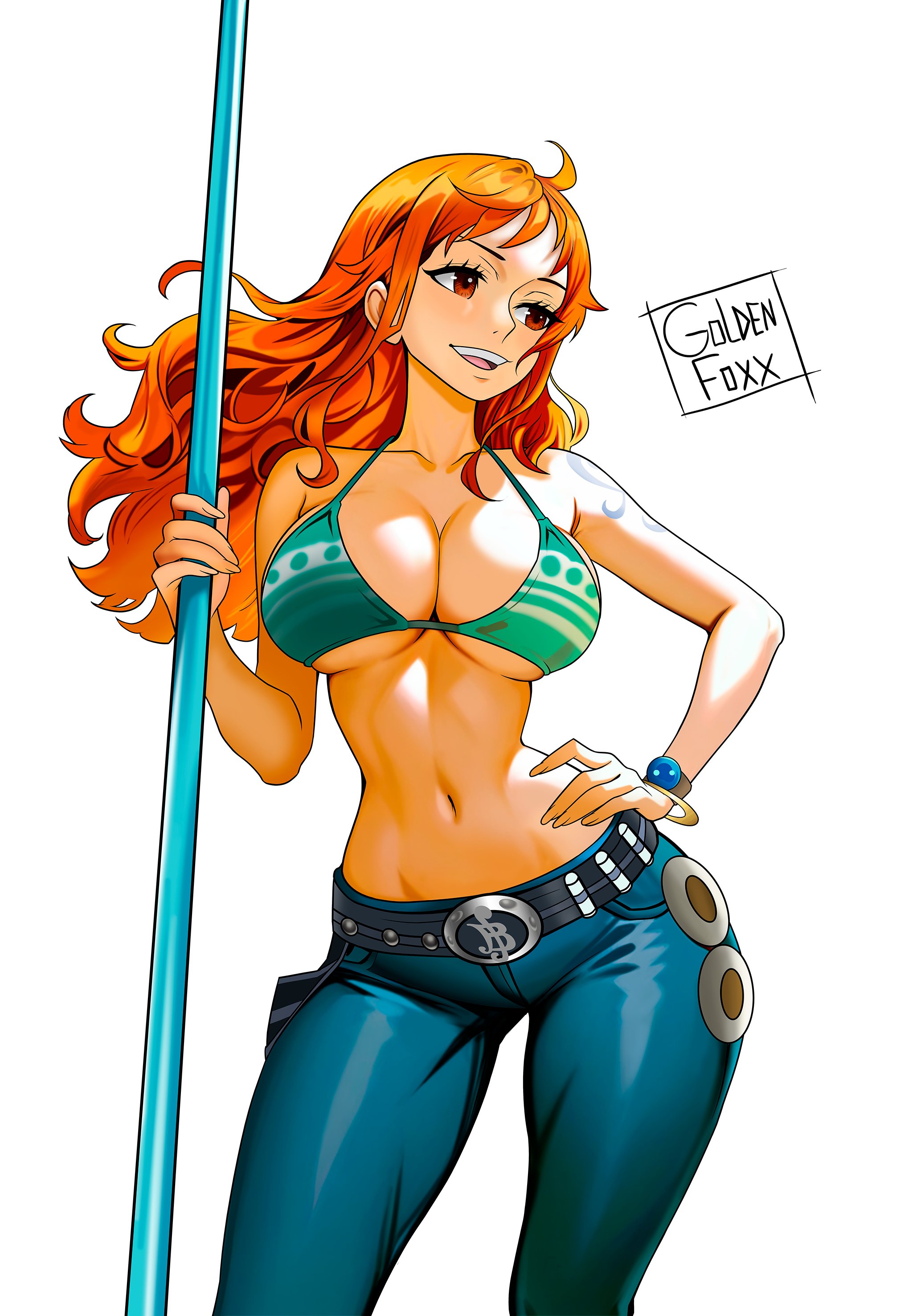 1girls, accurate art style, arm tattoo, bikini top, blue tattoo, child bearing hips, cleavage, female, female only, goldenfoxx, hand on hip, hazel eyes, huge breasts, jeans, nami (one piece), one piece, orange hair, orange-haired female, staff, tattoo, voluptuous, wide hips