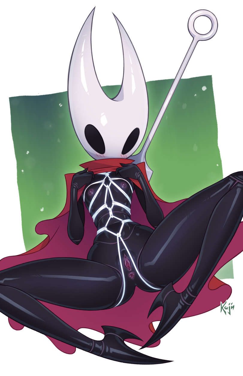 1girl, anthro, anus, black body, blush, blush lines, blushing, blushing female, breasts, bug, bug girl, cloak, hollow knight, hollow knight (franchise), hollow knight: silksong, hornet (hollow knight), insect, insect girl, kajinman, needle, nipples, pussy, small breasts, solo, solo female, spider, spider girl, team cherry, weapon