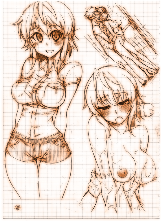 1boy blush breasts female kusanagi_tonbo large_breasts looking_at_viewer monochrome naughty_face nipples nude original penis short_hair shorts sketch smile