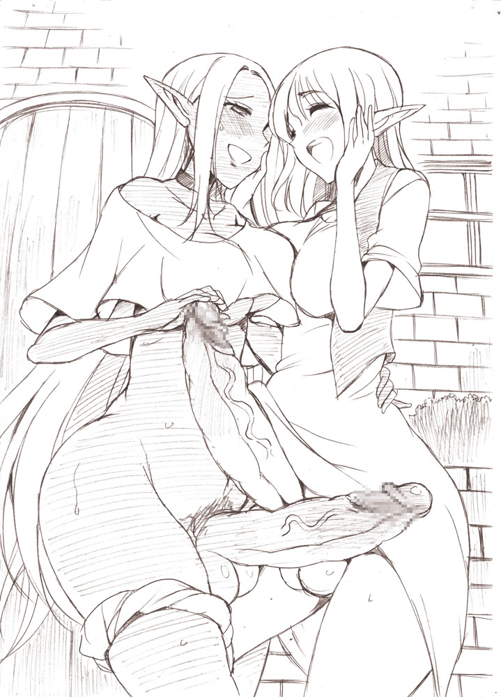 2girls blush breasts character_request elf erection full-package_futanari futanari gekka_kaguya_(urabata) intersex laughing monochrome penis