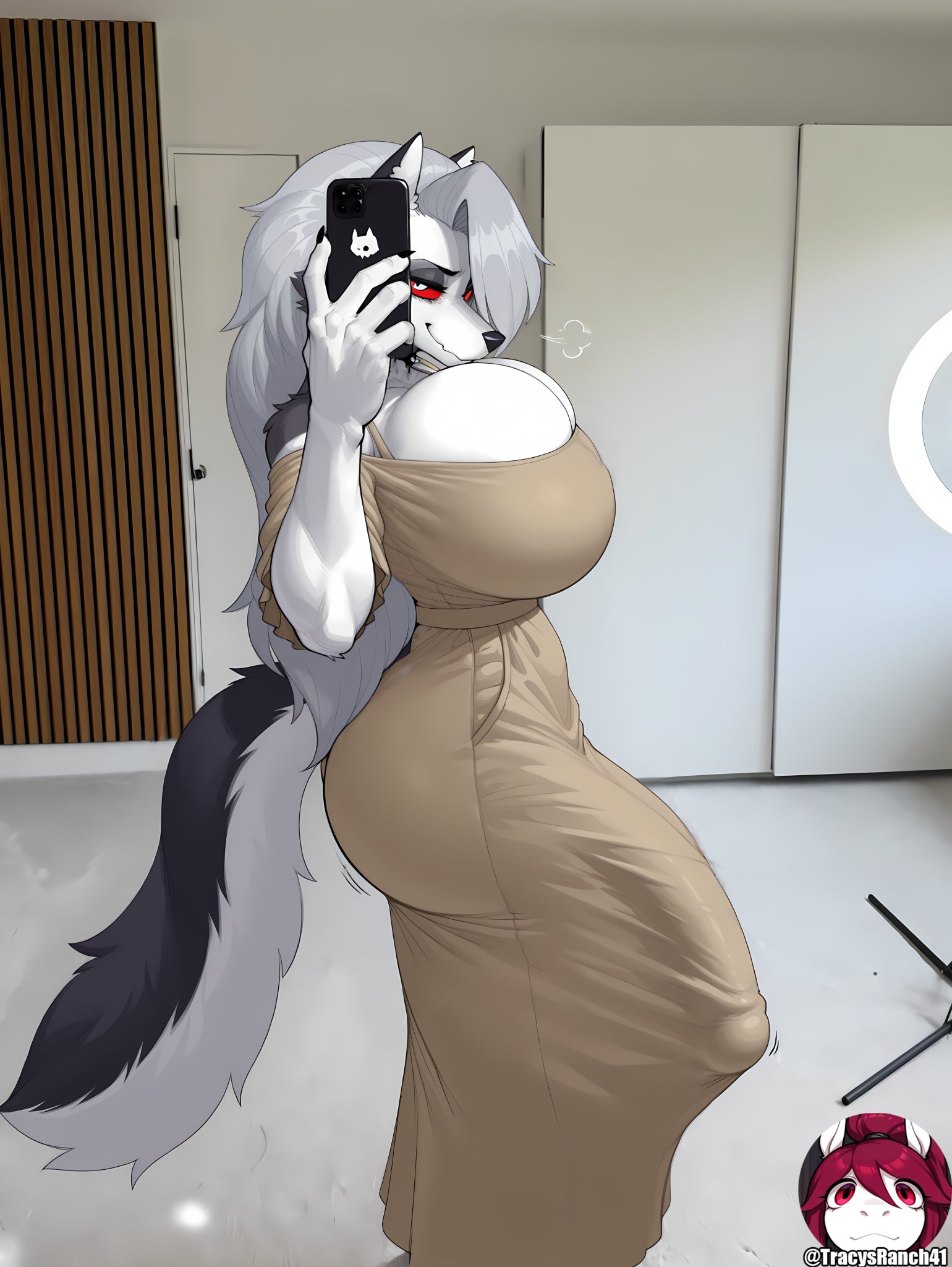 ai generated, balls, big balls, big breasts, big bulge, big penis, bulge, dress, furry, futa only, futanari, hellhound, helluva boss, huge cock, large breasts, long hair, loona (helluva boss), massive penis, red eyes, selfie, solo, solo futa, trend, white hair, wolf, wolf ears, wolf tail