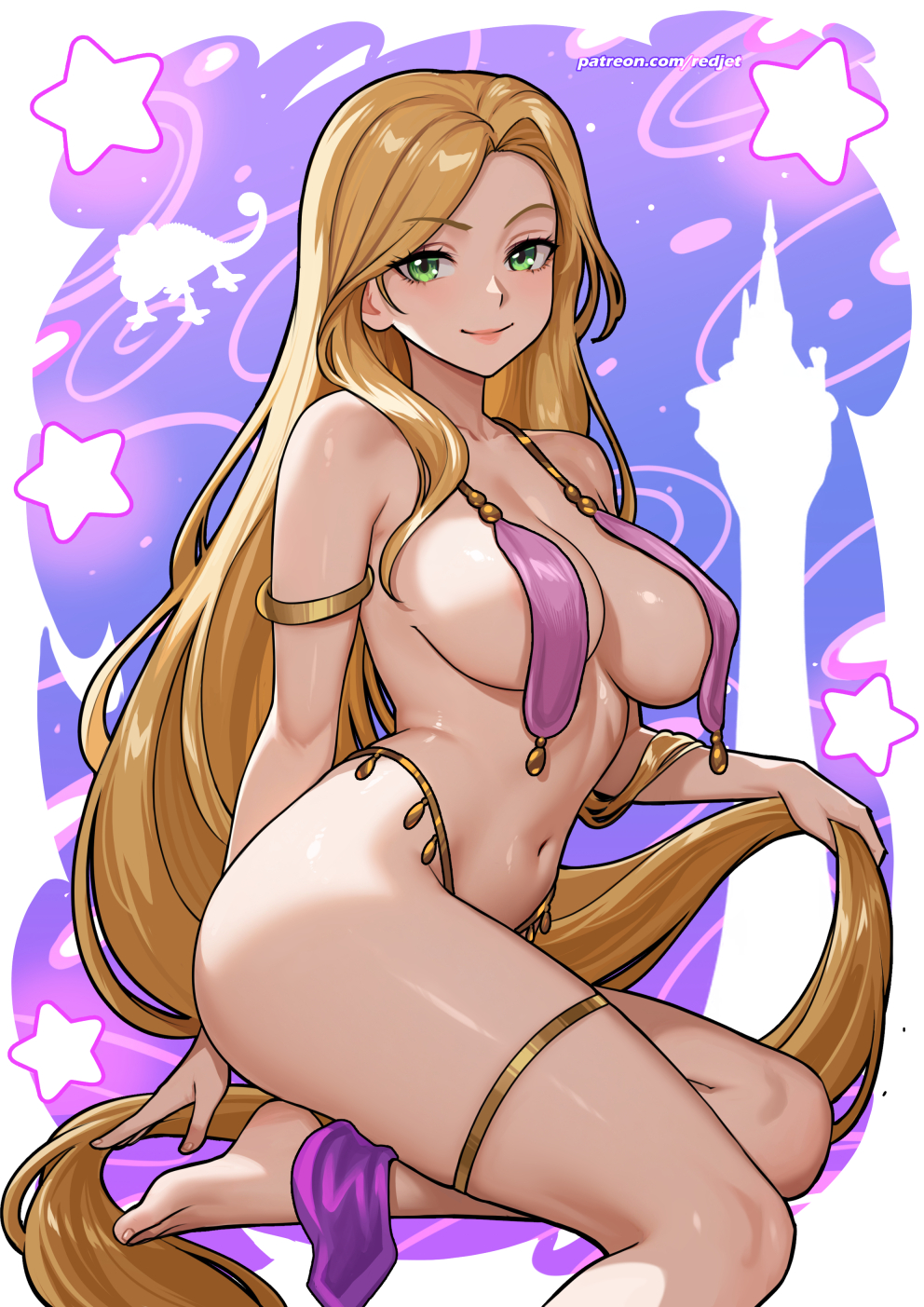 barefoot, blonde hair, breast curtains, disney, disney princess, green eyes, harem girl, harem outfit, large breasts, long hair, rapunzel, rapunzel (tangled), redjet, tangled, very long hair