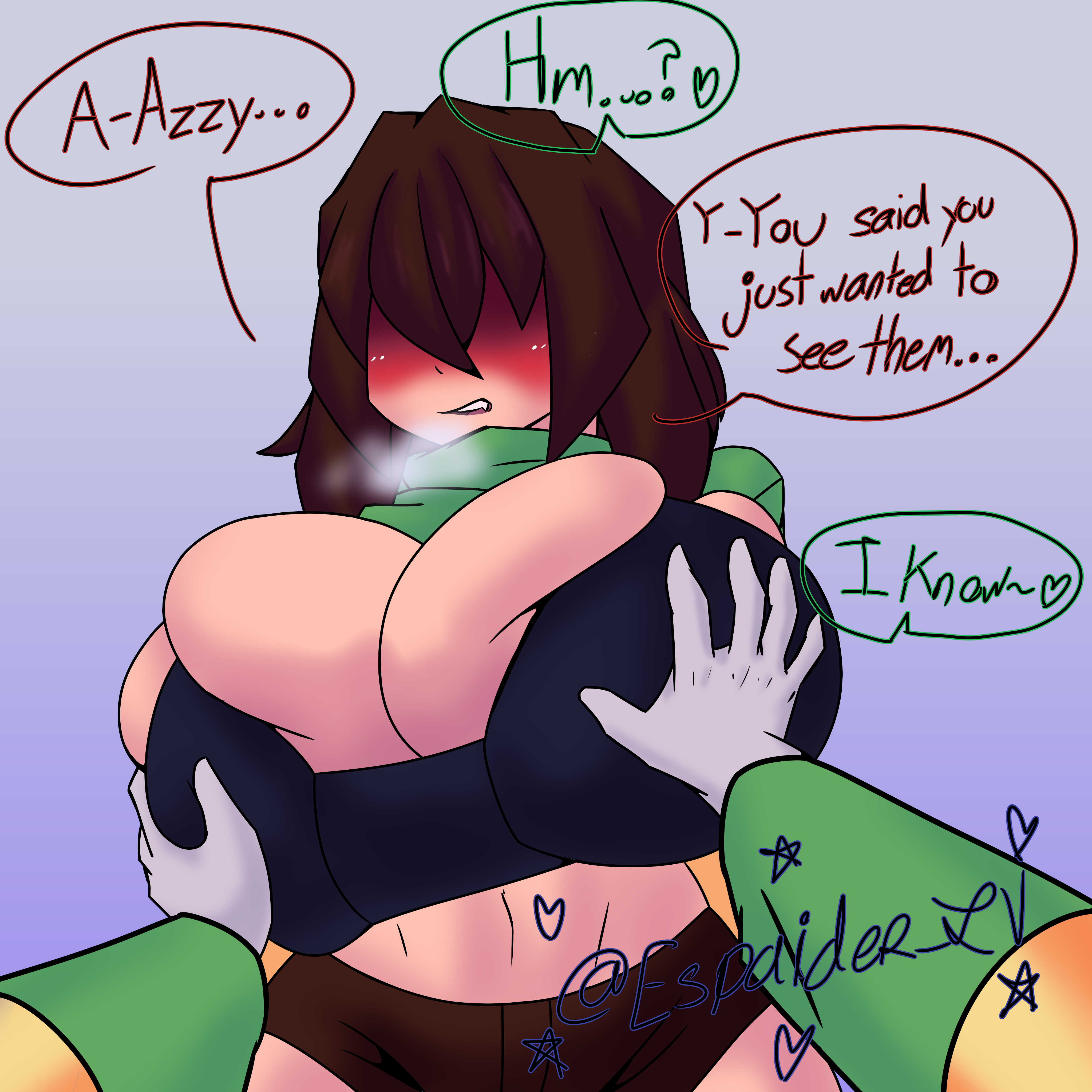 1boy, 1girl, 1girls, adoptive incest, adoptive siblings, anthro, anthro on human, asriel, asriel dreemurr, big breasts, black bra, blush, bra, brown hair, chara, chara (undertale), chasriel, dialogue, espaiderlv, female, female chara, flustered, flustered female, furry, furry male, furry on human, goat, goat boi, goat boy, groping, half-dressed, human, looking pleasured, male/female, massive breasts, romantic couple, rosy cheeks, short hair, shorts, sweater, sweater lift, text, undertale, undertale (series), voluptuous, voluptuous female