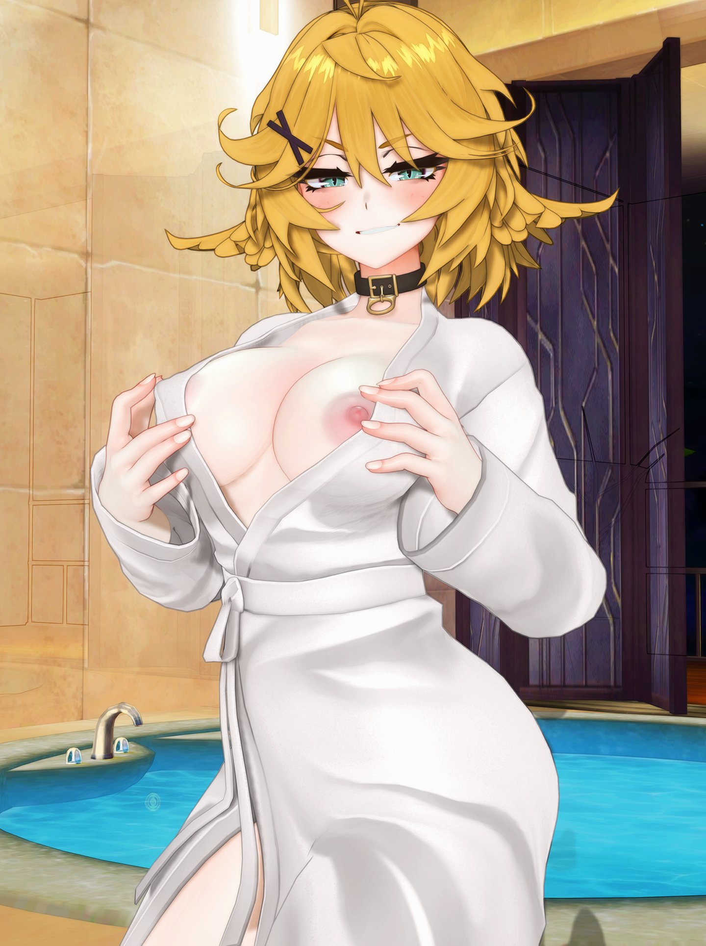 1girl, 1girls, 3d, 3d (artwork), 3d model, 3d render, ahoge, asian, asian female, bath, bathroom, bathtub, big boobs, big breasts, big thighs, bird, bird girl, black choker, blonde, blonde eyebrows, blonde female, blonde hair, blush, blushing, boobs, breasts, brown background, chinese female, choker, curvy, detailed background, dokibird, dokibird (bounty hunter), dokibird (vtuber), exposed nipples, feather hair, fit female, furrowed brow, furrowed eyebrows, green eyes, hair clip, hair ornament, hair wings, hairclip, hands on breasts, hands raised, indie virtual youtuber, indie vtuber, large breasts, light skin, light-skinned female, looking at viewer, loshi, nipples, partially clothed, partially clothed female, pink nipples, pose, pov, room, seductive, seductive gaze, short hair, smile, smiling, smiling at viewer, solo focus, standing, teeth, teeth showing, teeth visible, thighs, tomboy, towel, towel only, towel wrap, undressing, virtual youtuber, visible teeth, voluptuous, vtuber, wall, wall (structure), white towel, yellow eyebrows, yellow hair