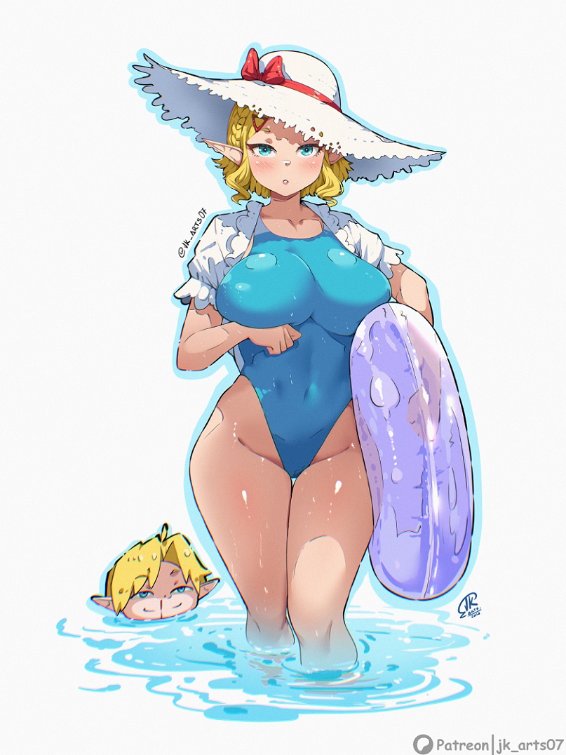 1boy, 1girls, aqua eyes, artist name, big breasts, blonde hair, blue eyes, blue one-piece swimsuit, blue outline, bow, braid, breasts, commentary request, covered navel, crown braid, hat, hat bow, holding, holding swim ring, jk arts, jk arts07, large breasts, link, link (tears of the kingdom), looking at viewer, nintendo, one-piece swimsuit, outline, parted lips, patreon logo, patreon username, pointy ears, princess zelda, red bow, short hair, solo focus, sun hat, swim ring, swimsuit, tears of the kingdom, the legend of zelda, the legend of zelda: tears of the kingdom, twitter username, wading, water, wet, white background, white hat, zelda (tears of the kingdom)