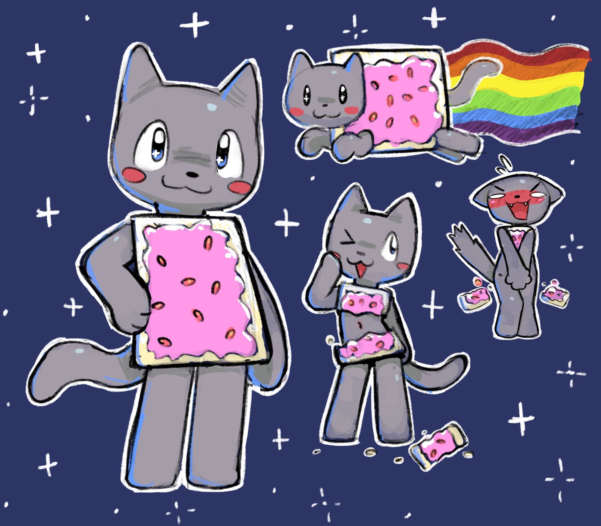 1girls, anthro, blush, bottomless, covering, feline, female, fur, furry, maypul syrup, nyan cat, pop-tarts, rainbow, smile, tagme