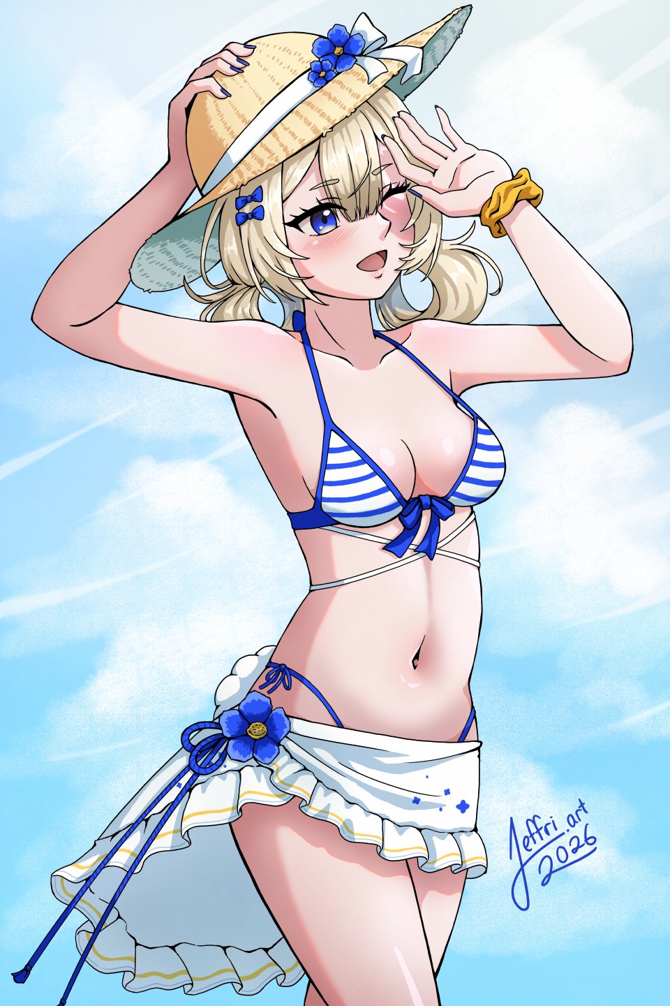 1girl bikini bikini_skirt blonde_hair blue_bikini blue_eyes breasts cleavage collarbone eyebrows_visible_through_hair flower hair_ornament hat highleg highleg_bikini indie_virtual_youtuber looking_at_viewer medium_breasts navel one_eye_closed open_mouth scrunchie signature skirt smile solo standing striped striped_bikini sun_hat swimsuit virtual_youtuber vyugen wrist_scrunchie yenko