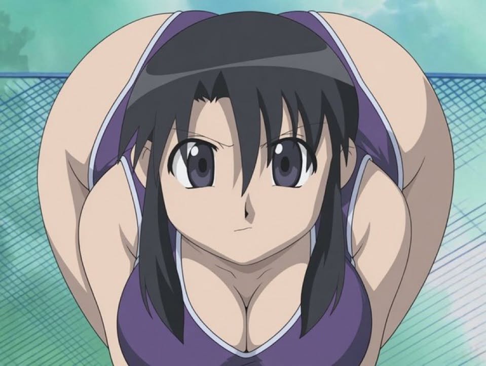 1girl, 1girls, anime screencap, ass bigger than head, azumanga daiou, big breasts, breasts, cleavage, edit, edited, edited screencap, female, front facing with ass, huge ass, huge breasts, looking at viewer, meme, nyamo minamo kurosawa, please look forward to it, solo, swimsuit, third-party edit, wide hips