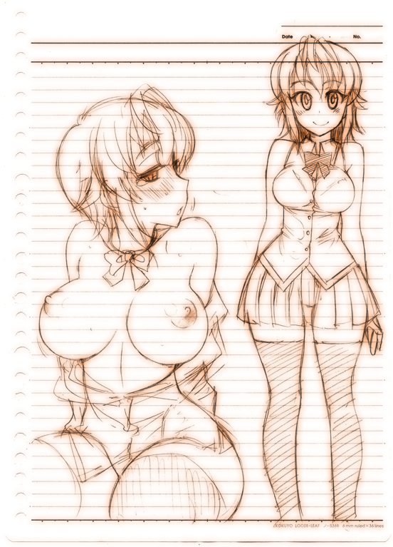 blush breasts female kusanagi_tonbo large_breasts looking_at_viewer monochrome nipples open_clothes open_shirt original school_uniform short_hair sketch smile solo thighhighs