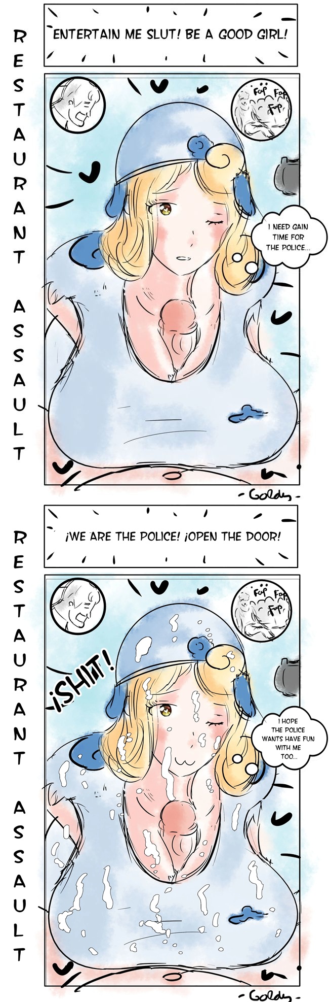 big_breasts blonde_hair clothed_sex cum dialogue g-nsfw original_character paizuri rape ryn_(g-nsfw)