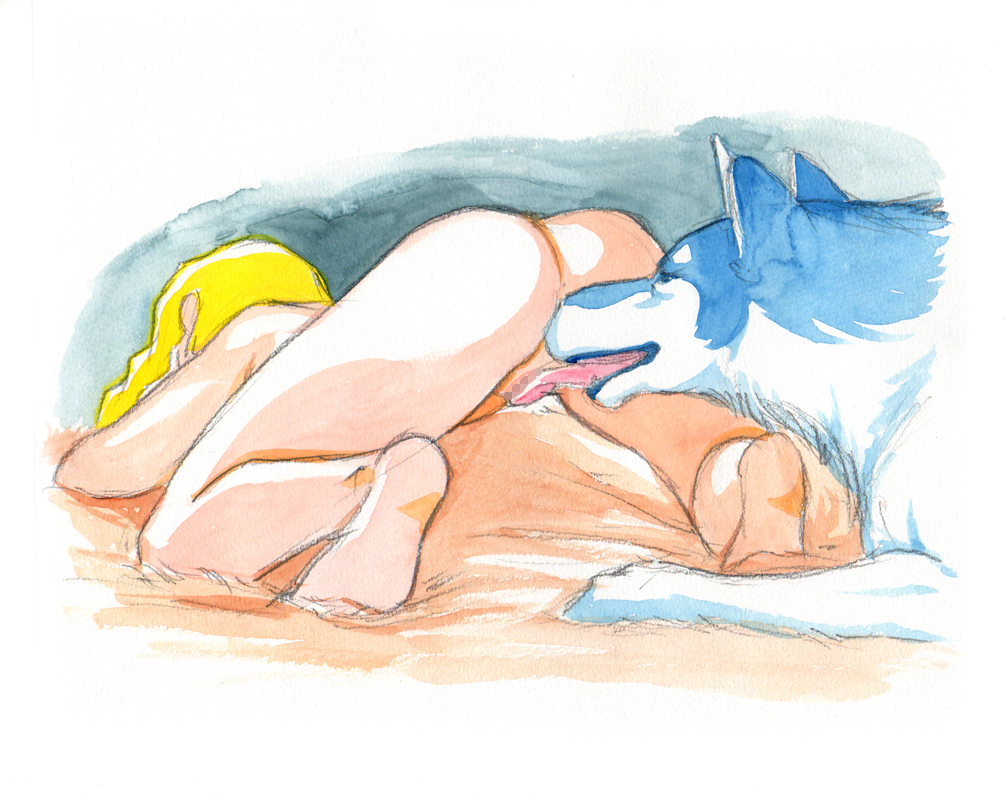 all fours, ass, barefoot, blonde hair, blush, canid on humanoid, caracol, comic, cunnilingus, cunnilingus from canine, female, female human, feral, hair, human, knot, leina, licking, male, male canine, male/female, nude, oral, presenting, pussy, queen's blade, straight, traditional media, vagina, white fur, wolf, wolf on humanoid, zoophilia