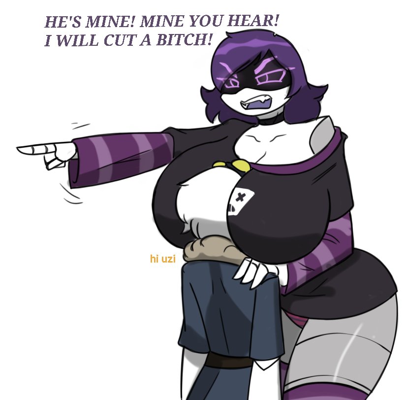 big breasts, boobs, head between breasts, hyper, hyper breasts, larger female, murder drones, n (murder drones), robot, smaller male, thighs, uzi (murder drones), violet hair