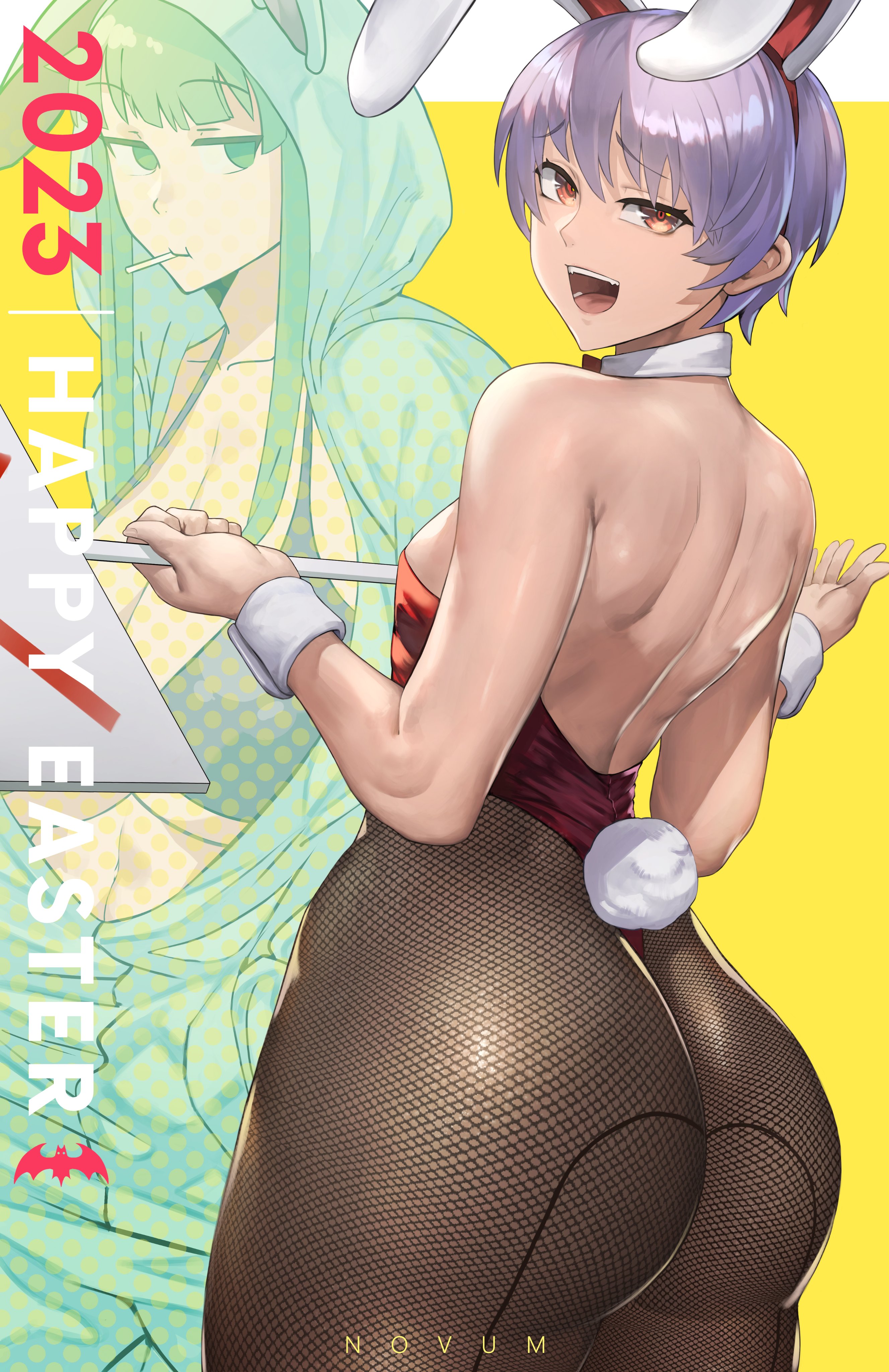 2girls, artist name, ass, ass bigger than head, back view, bare arms, bare back, bare shoulders, big ass, big breasts, breasts, bunny ears, bunny tail, bunnysuit, cleavage, cuffs (clothing), darkstalkers, easter, eyebrows, eyebrows visible through hair, eyelashes, fake animal ears, female, female focus, female only, fishnet legwear, fishnets, from behind, holding, holding object, huge ass, huge breasts, large ass, large breasts, light skin, light-skinned female, lilith aensland, looking at viewer, looking back, morrigan aensland, novum, open mouth, playboy bunny, red eyes, short hair, silver hair, small breasts, succubus, thick thighs, thighs