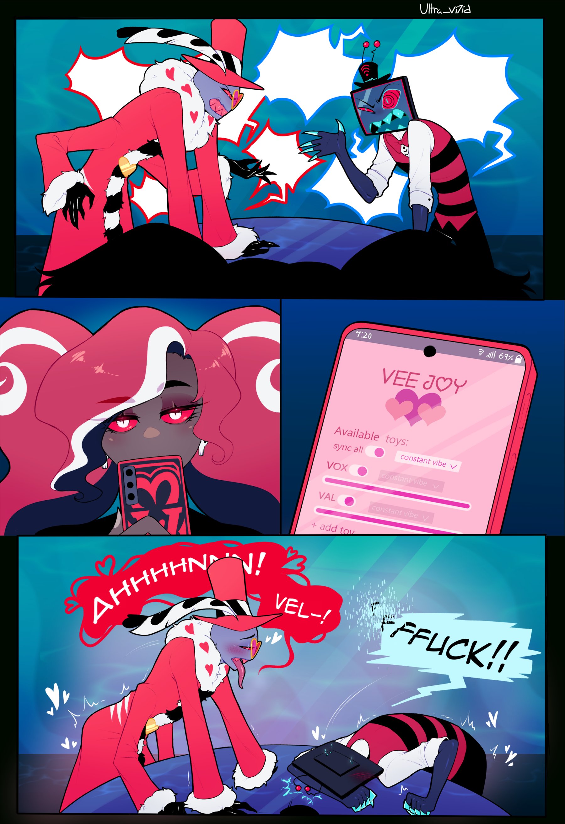 1girls, 2boys, comic, female, hazbin hotel, male, teasing, valentino (hazbin hotel), velvette, vibrator, vivziepop, vox (hazbin hotel)