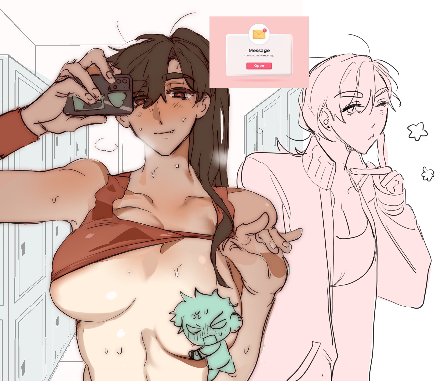 2girls, alien stage, black eyes, black hair, censored, censored nipples, female, genderswap, genderswap (mtf), holding phone, ivan (alien stage), kittendaisukii, locker room, long hair, phone, ponytail, red pupils, red tank top, rule 63, selfie, shirt up, tank top, till (alien stage)