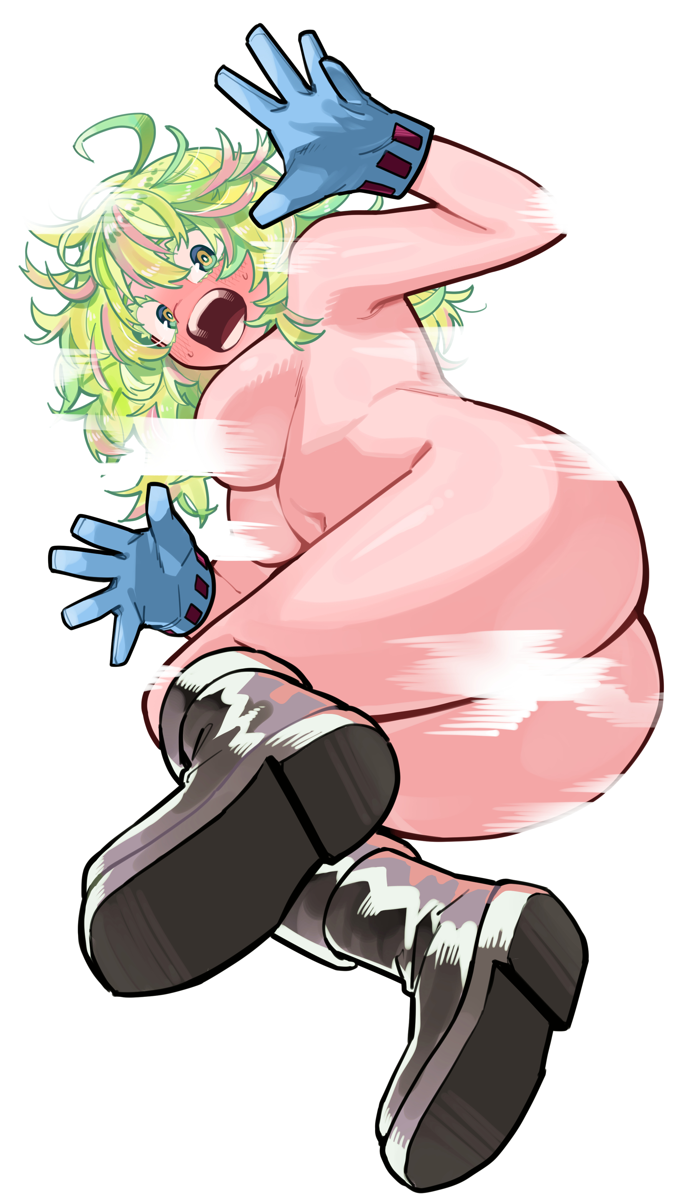 1girls, absurdres, accurate art style, ass, bad id, bad pixiv id, blue gloves, boku no hero academia, boots, breasts, censored, female, from below, gloves, green eyes, green hair, green-haired female, grey boots, highres, kank06020602, medium breasts, messy hair, multicolored hair, my hero academia, naked boots, naked footwear, naked gloves, navel, open mouth, pink hair, simple background, solo, tooru hagakure, tooru hagakure (visible), unusually visible, white background