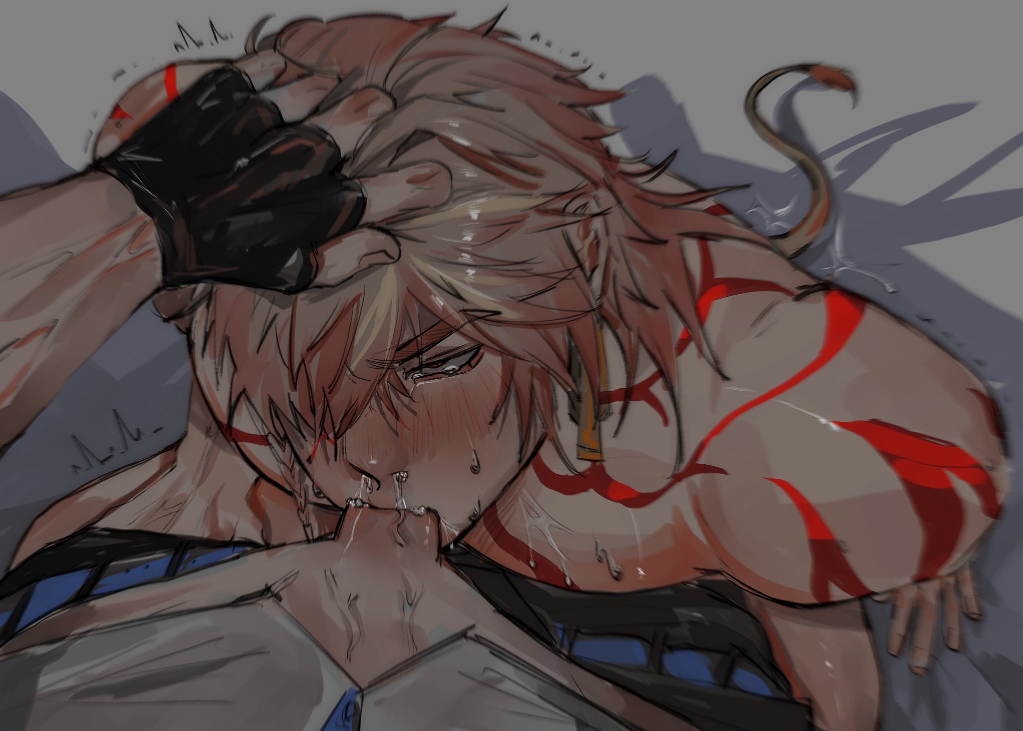 2boys, animal tail, blowjob, cum, drooling, hair pull, honkai: star rail, male, male/male, mydei (honkai: star rail), phaidei (honkai: star rail), phainon (honkai: star rail), rough oral, yaoi
