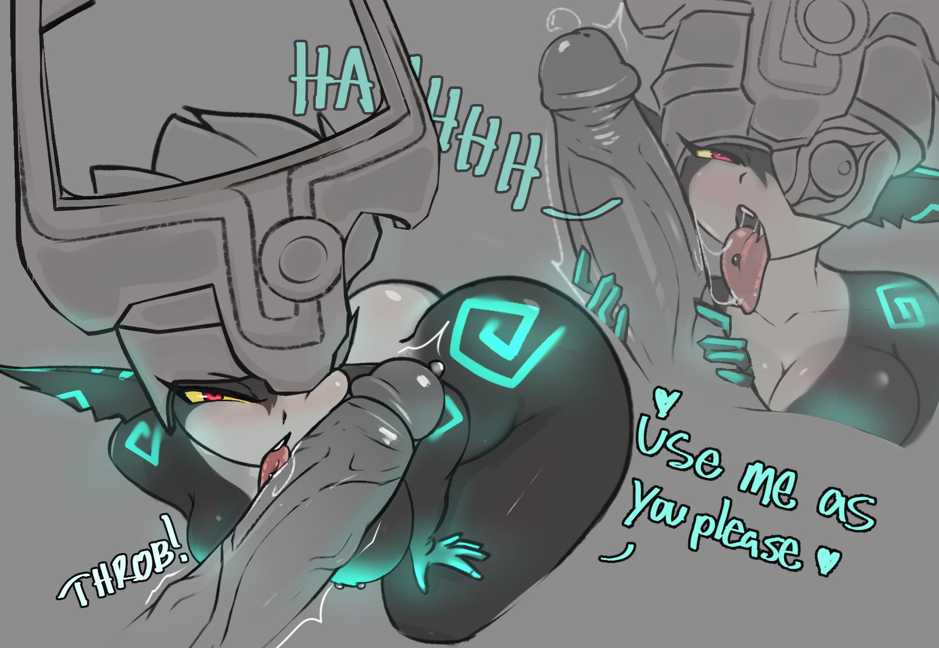 1boy, 1girls, ass, bluper, dialogue, fellatio, female, greyscale, handjob, imp midna, large penis, licking penis, male, midna, monochrome, nude, oral, penis, penis on face, pierced tongue, piercing, piercings, pointy ears, red eyes, shortstack, text, the legend of zelda, thick thighs, tongue piercing, twilight princess