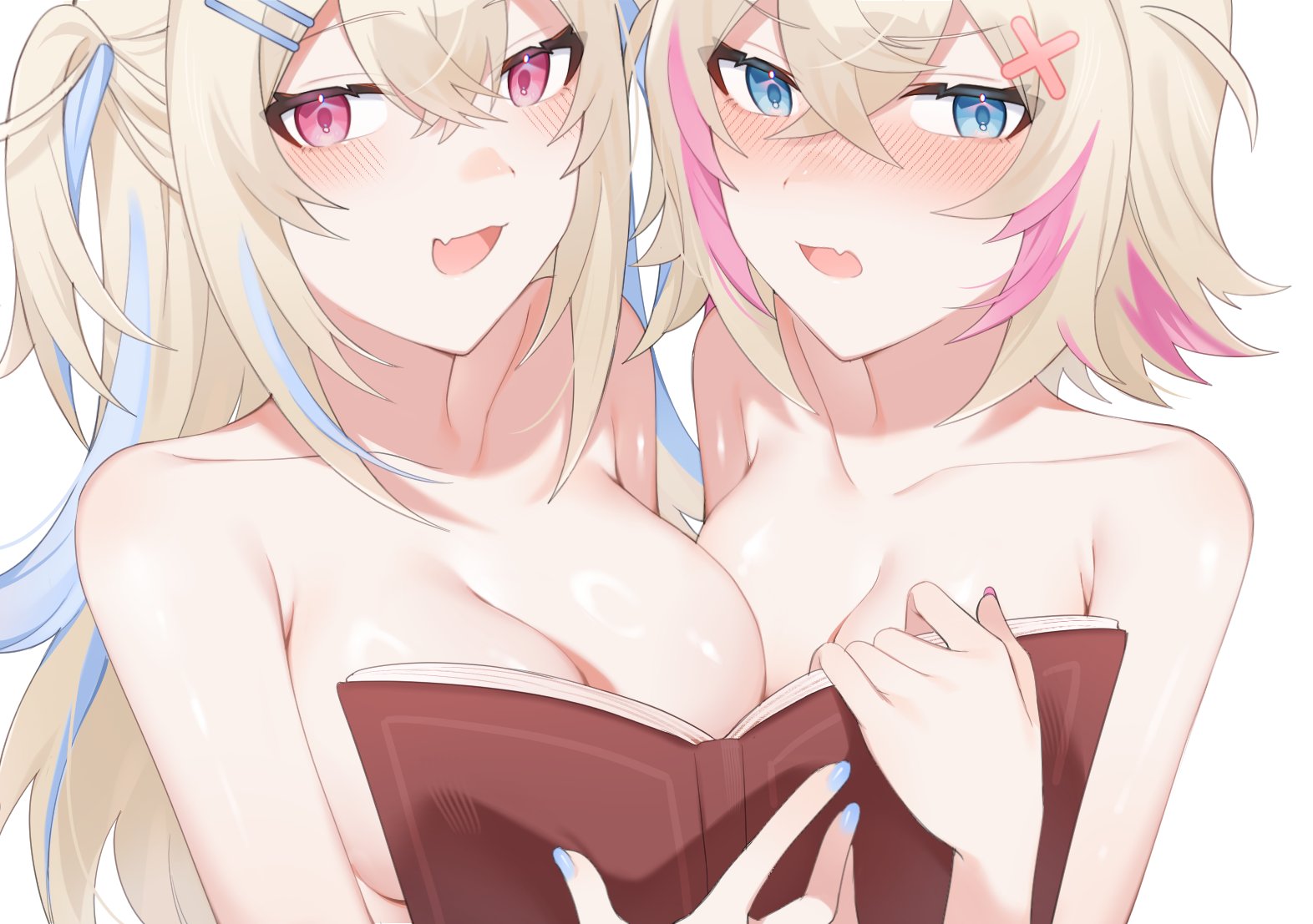 2girls, alonekm, big breasts, book, breasts, covering, covering breasts, female, fuwamoco, fuwawa abyssgard, hololive, hololive english, hololive english -advent-, long hair, looking at viewer, medium breasts, meme, meme reference, mococo abyssgard, naked, nude, ouch meme, short hair, sisters, topless, twins, virtual youtuber